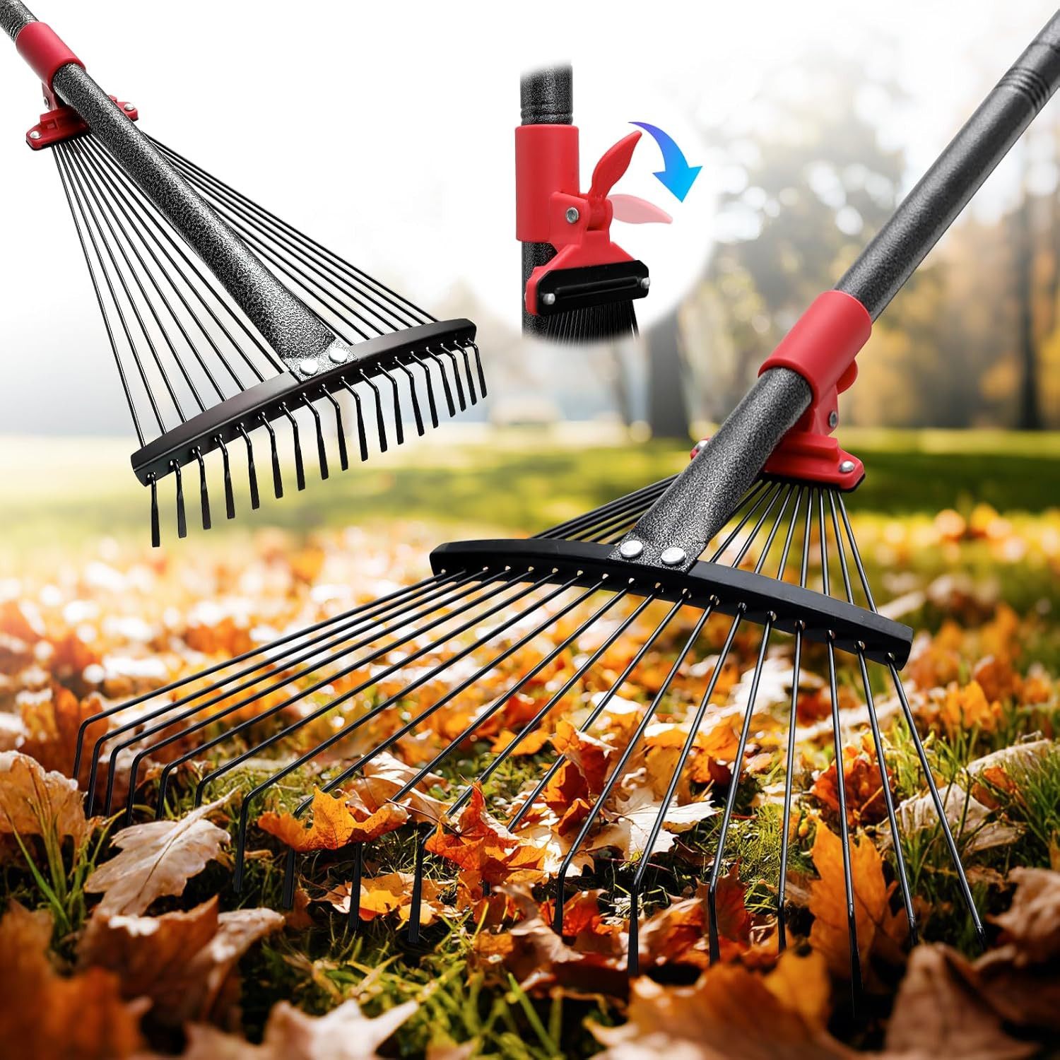 Collapsible Rake for Leaves - 70" Adjustable Long Handle Yard Rake, Expandable M