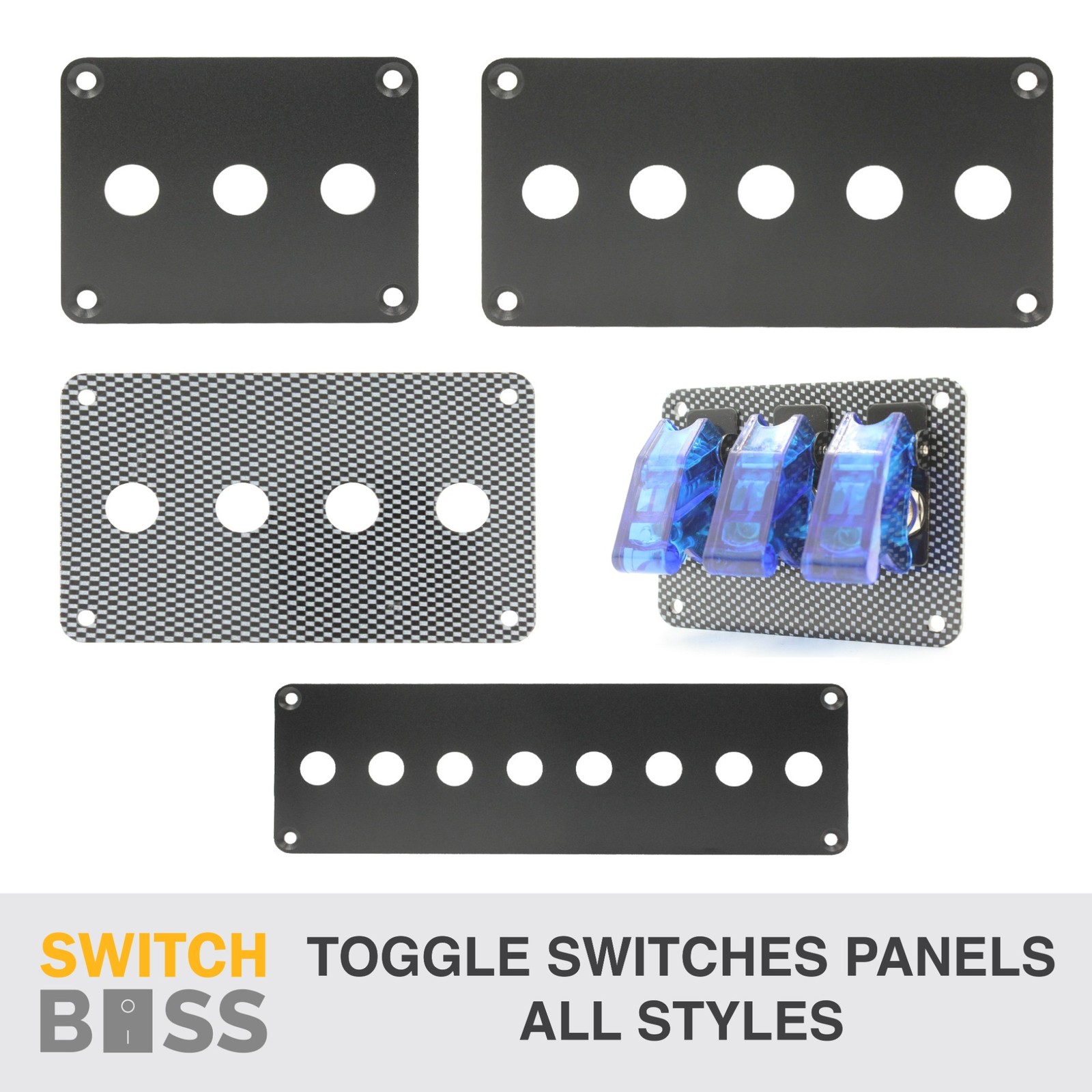 ALUMINIUM TOGGLE SWITCH PANELS - Black Carbon Look Housings suit 12v 24v On Off
