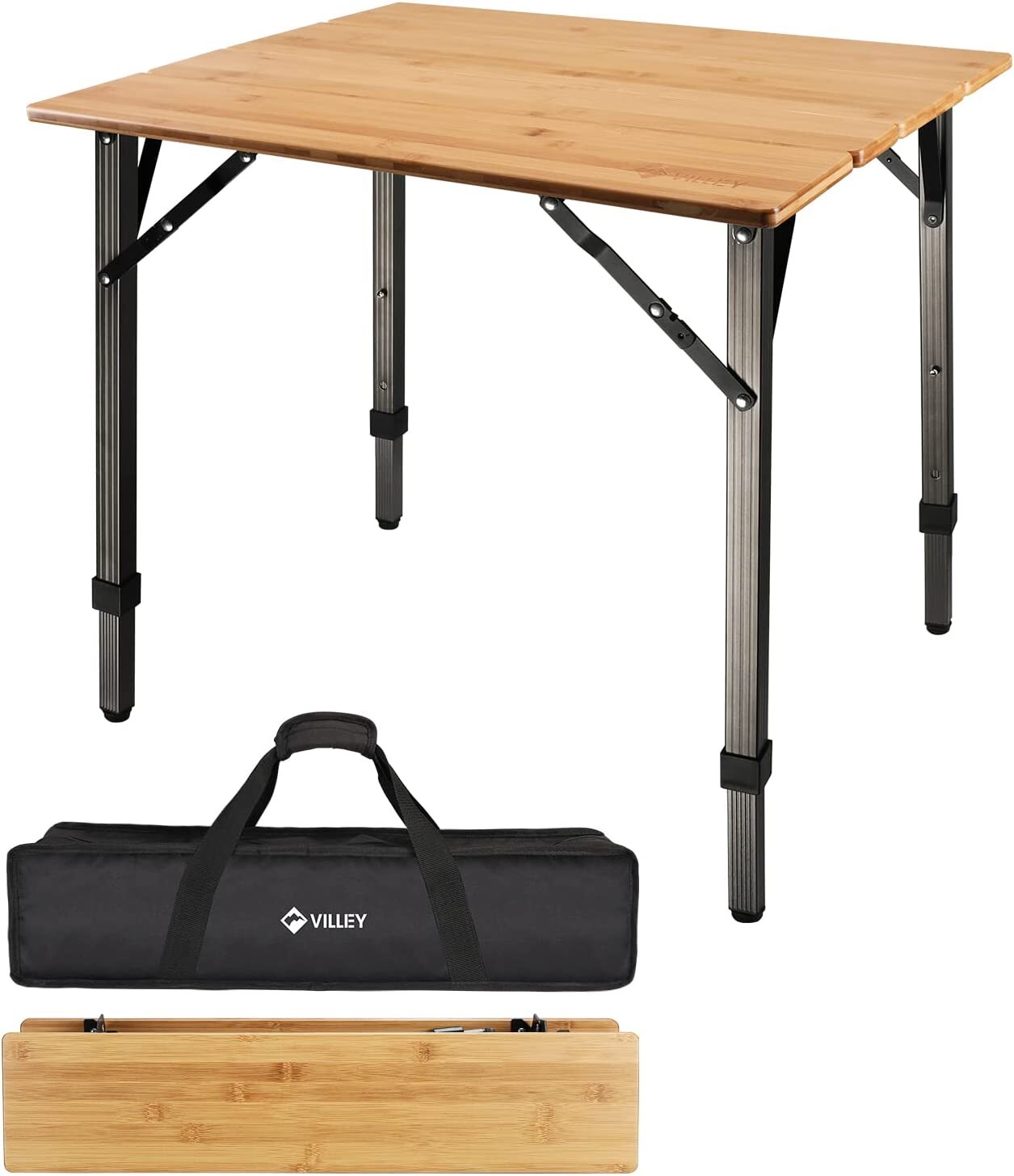 VILLEY Bamboo Folding Table Portable Camping Table with Aluminum Adjustable Legs