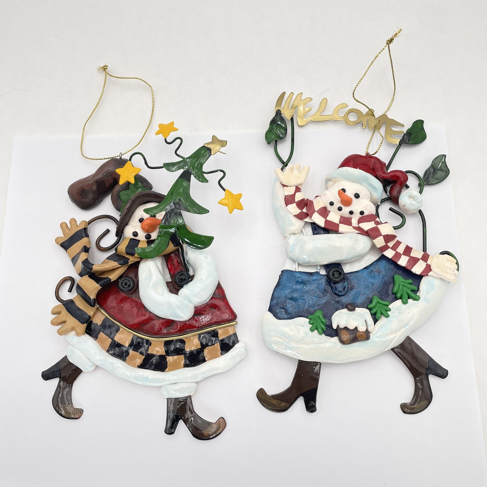 Snowman Snowwoman Metal Wall Hanging Christmas Plaques Welcome Set Of 2 Decor