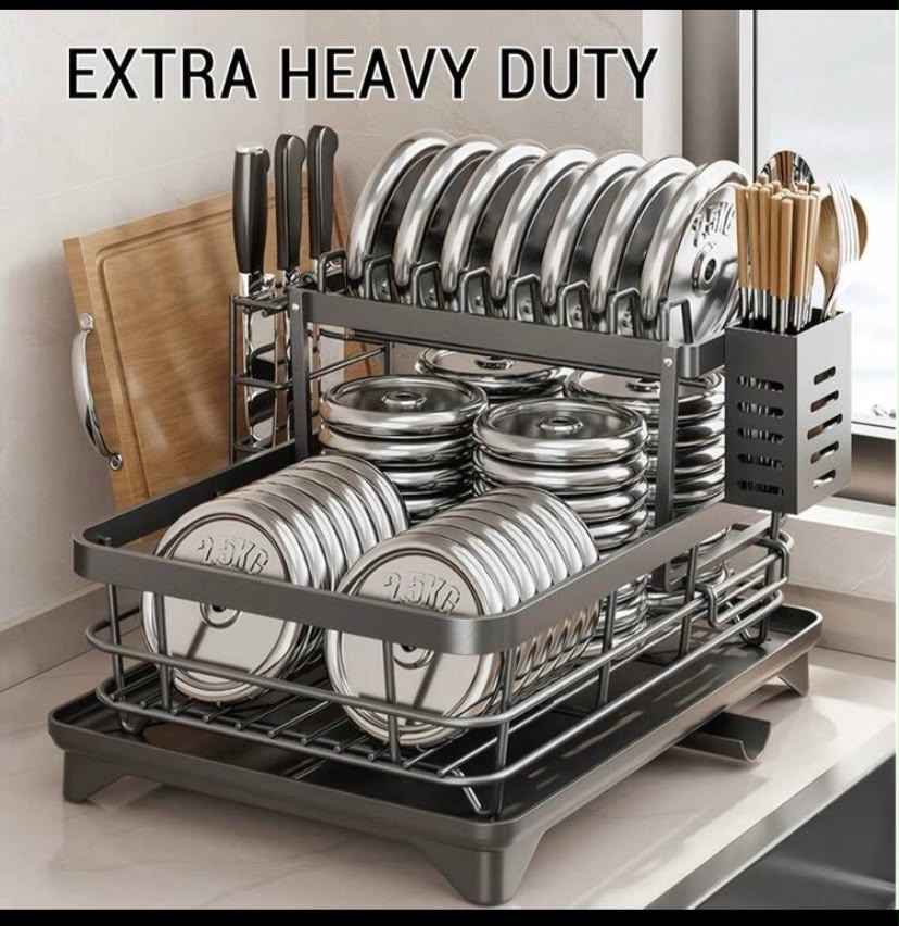2 Tier Black Retractable Dish Rack For Kitchen Countertop With Drain Tray