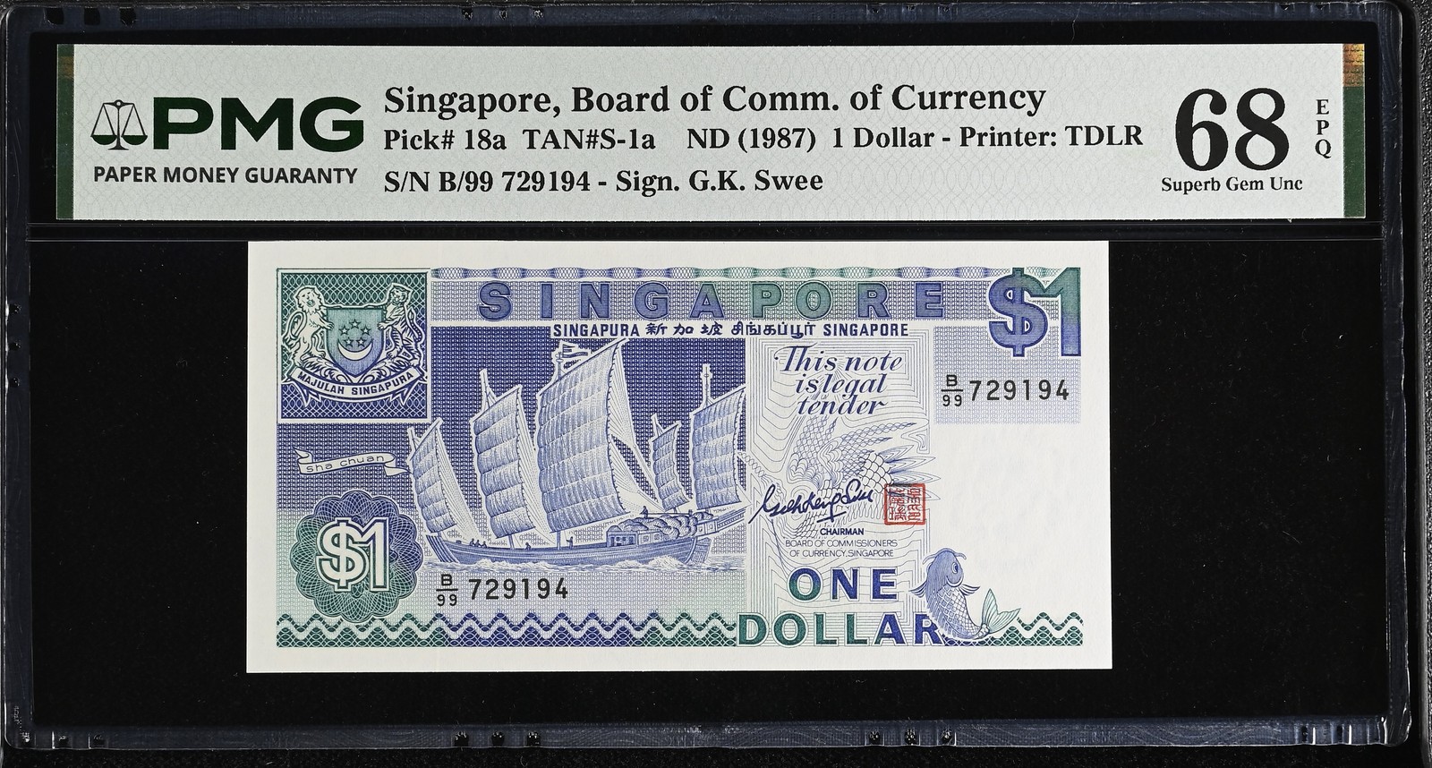 Singapore 1 Dollars ND 1987 P 18 a Superb Gem UNC PMG 68 EPQ