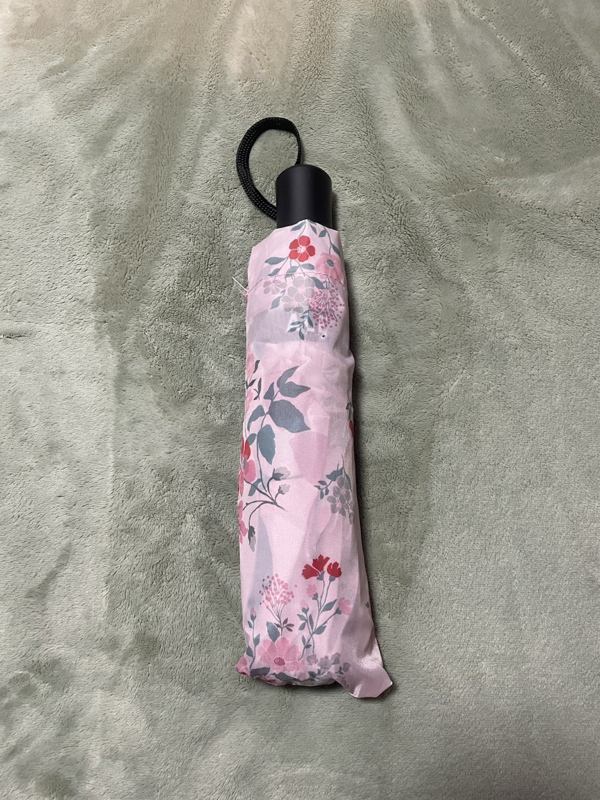 Women’s Compact Folding Umbrella Pink Floral Pattern with Strap