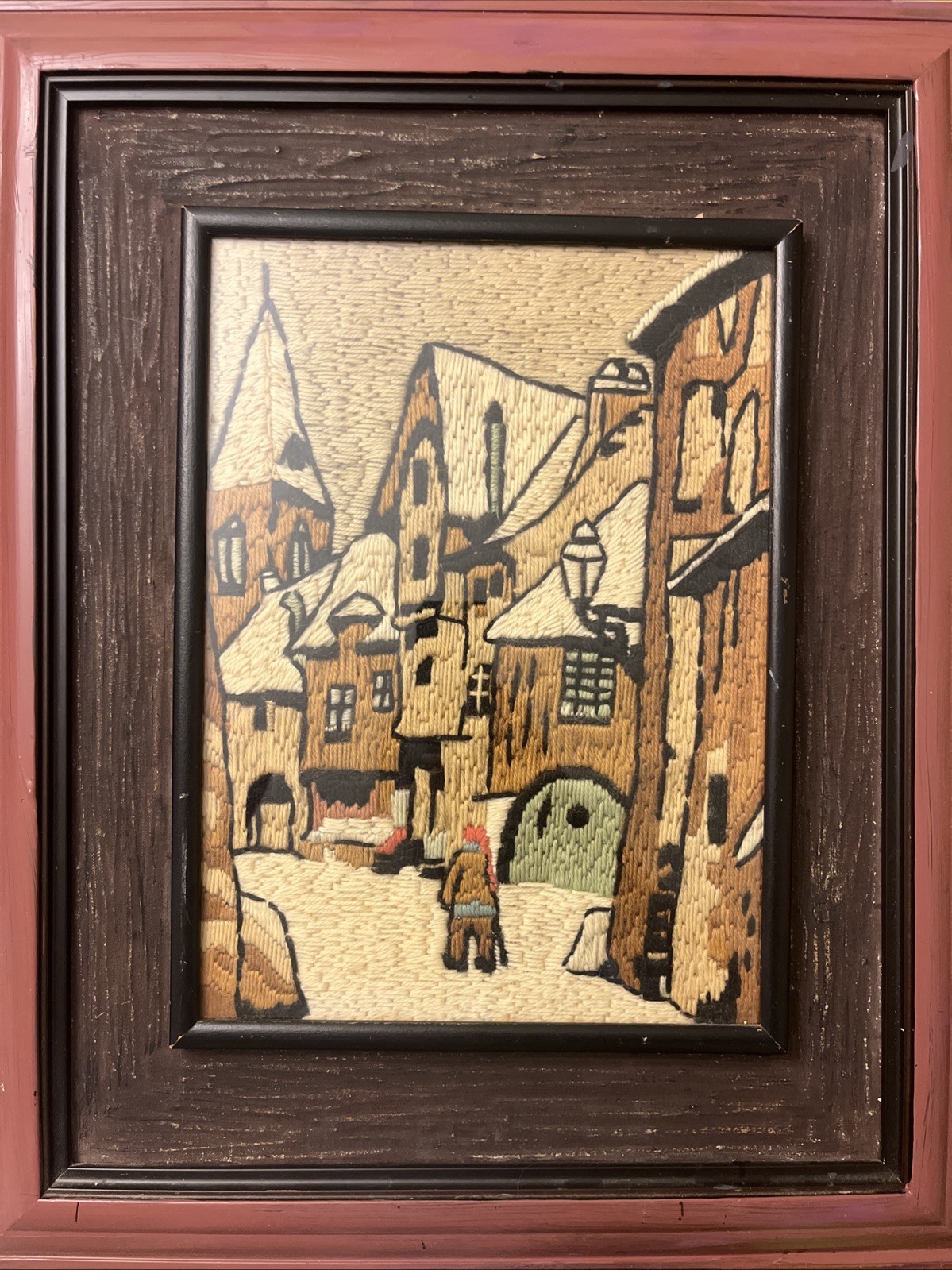 Vintage Street Scene Town Home House NEEDLEPOINT- Folk Art Embroidery Stitched