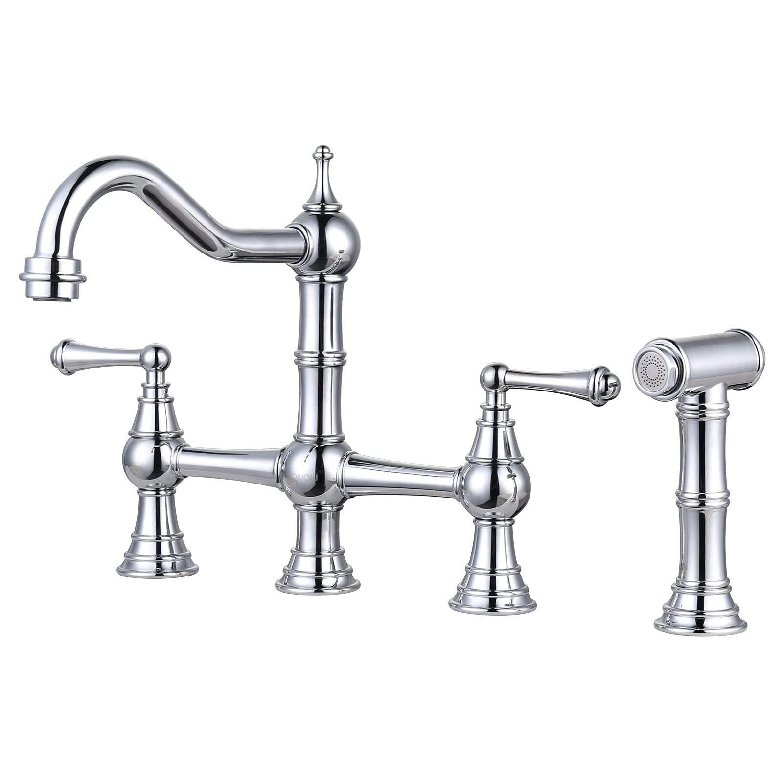 Brass Bridge Kitchen Faucet 4 Hole with Side Sprayer, Polished Chrome