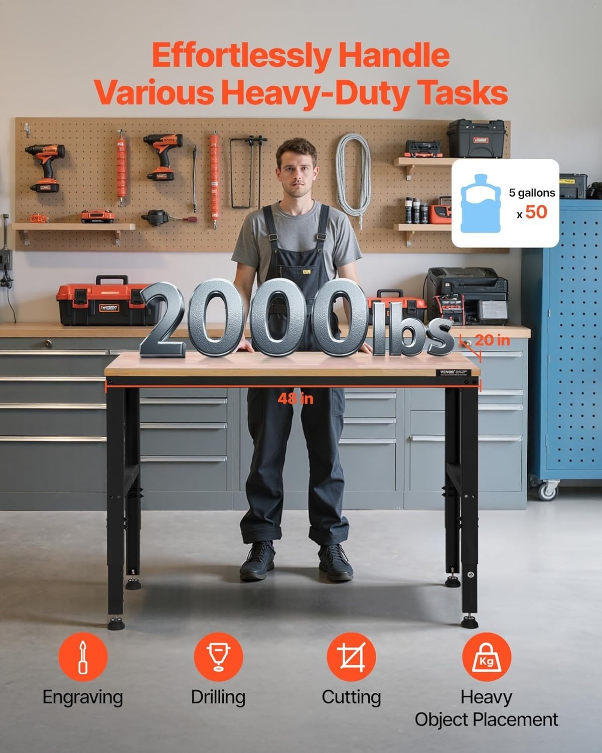 Versatile Adjustable Work Bench - 48 x 20 Inches, 2000 lbs with USB & AC Outlets