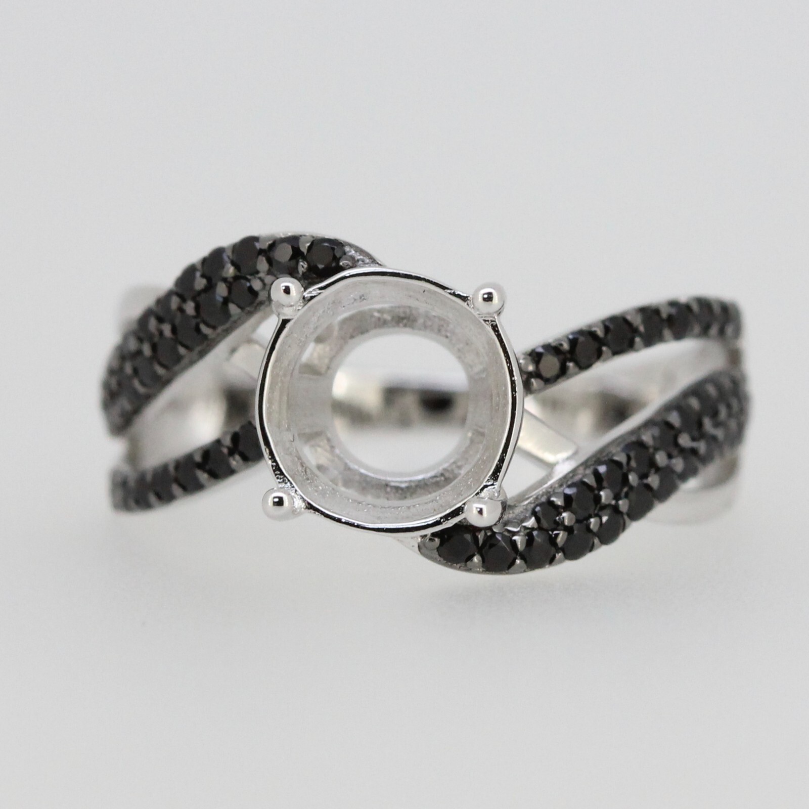 Sterling Silver Semi Mount Ring Setting Round RD 9x9mm Black Spinel