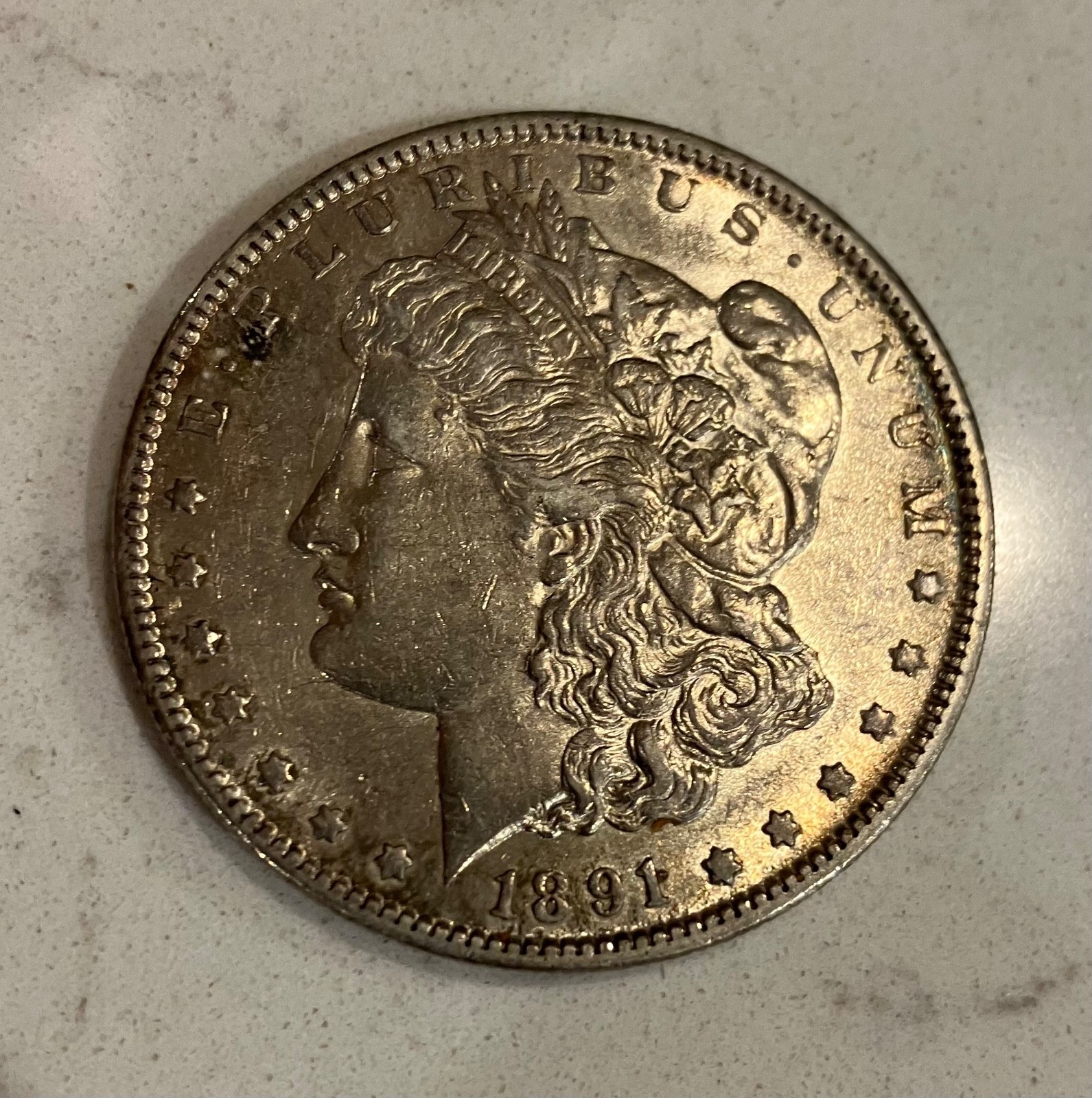 1891-S $ MORGAN, WHITE W/HINT OF GOLD, WELL STRUCK, NICE LUSTER, SLIDER!!