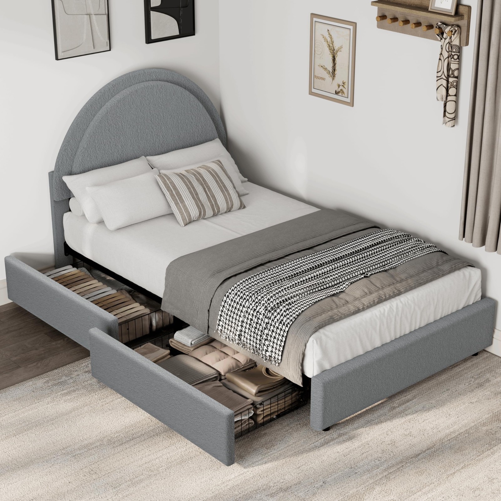Twin Boucle Bed Frame with 2 Drawers, Upholstered Platform Bed w/Round Headboard