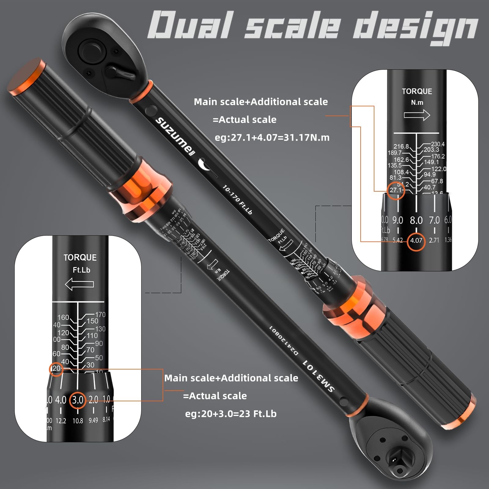 SUZUME 3PCS Torque Wrench Set 72 Teeth Dual-Direction Adjustable Torque Wrenc...