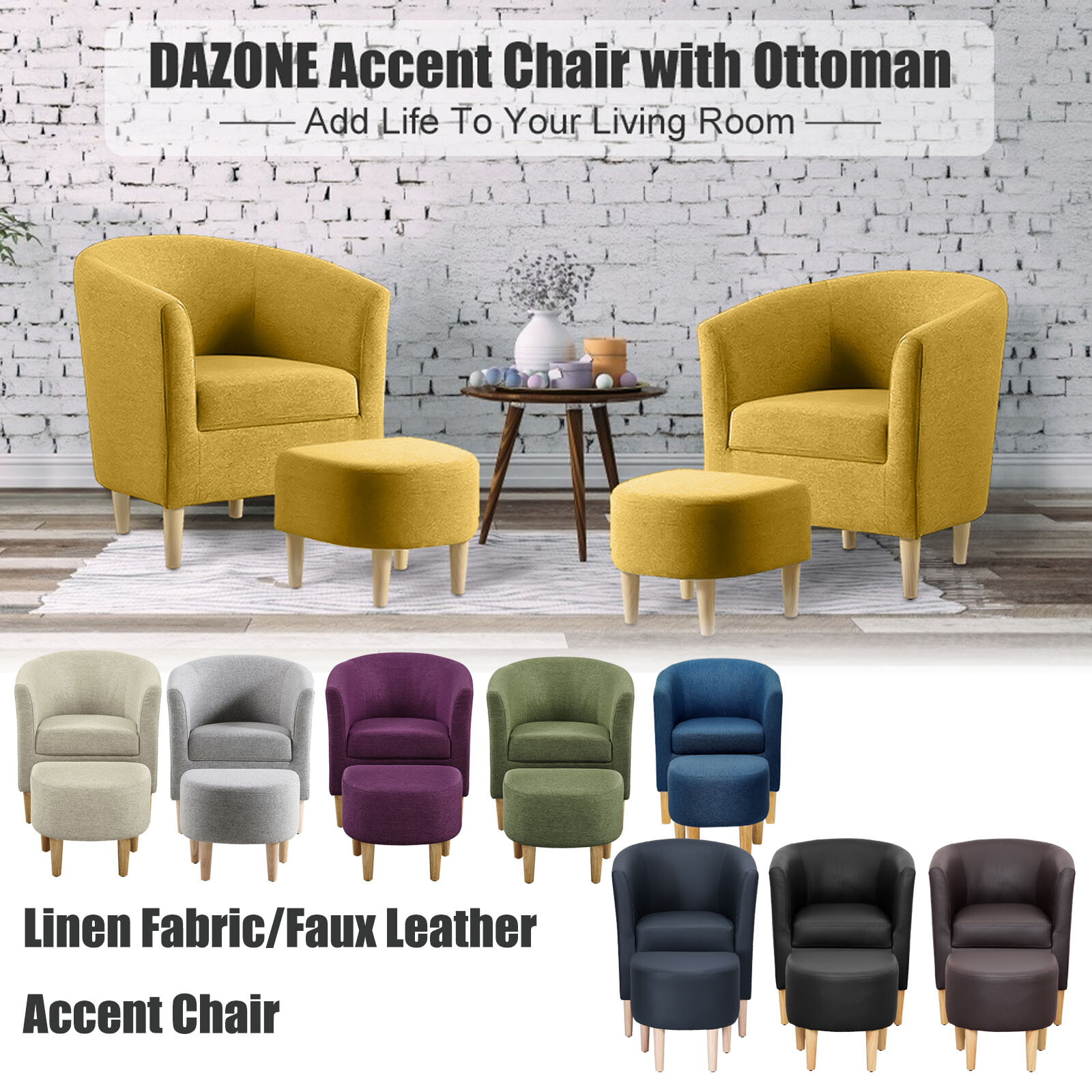 DAZONE Accent Chair w/ Ottoman Upholstered Sofa Barrel Comfy Armchair & Footrest