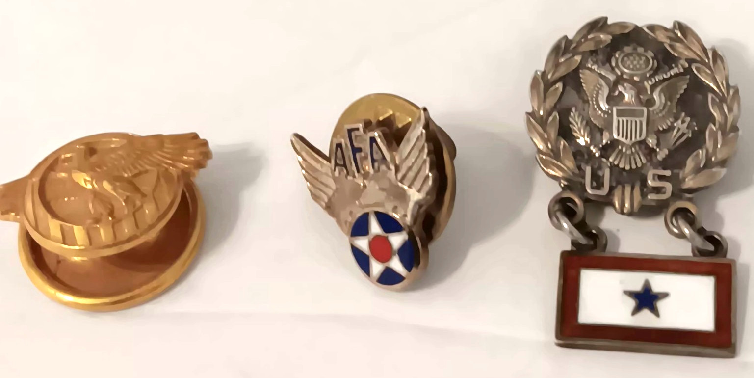 Lot of 3 Vtg Military Lapel Pins/button- Ruptured Duck, AFA, Officer Cap Badge