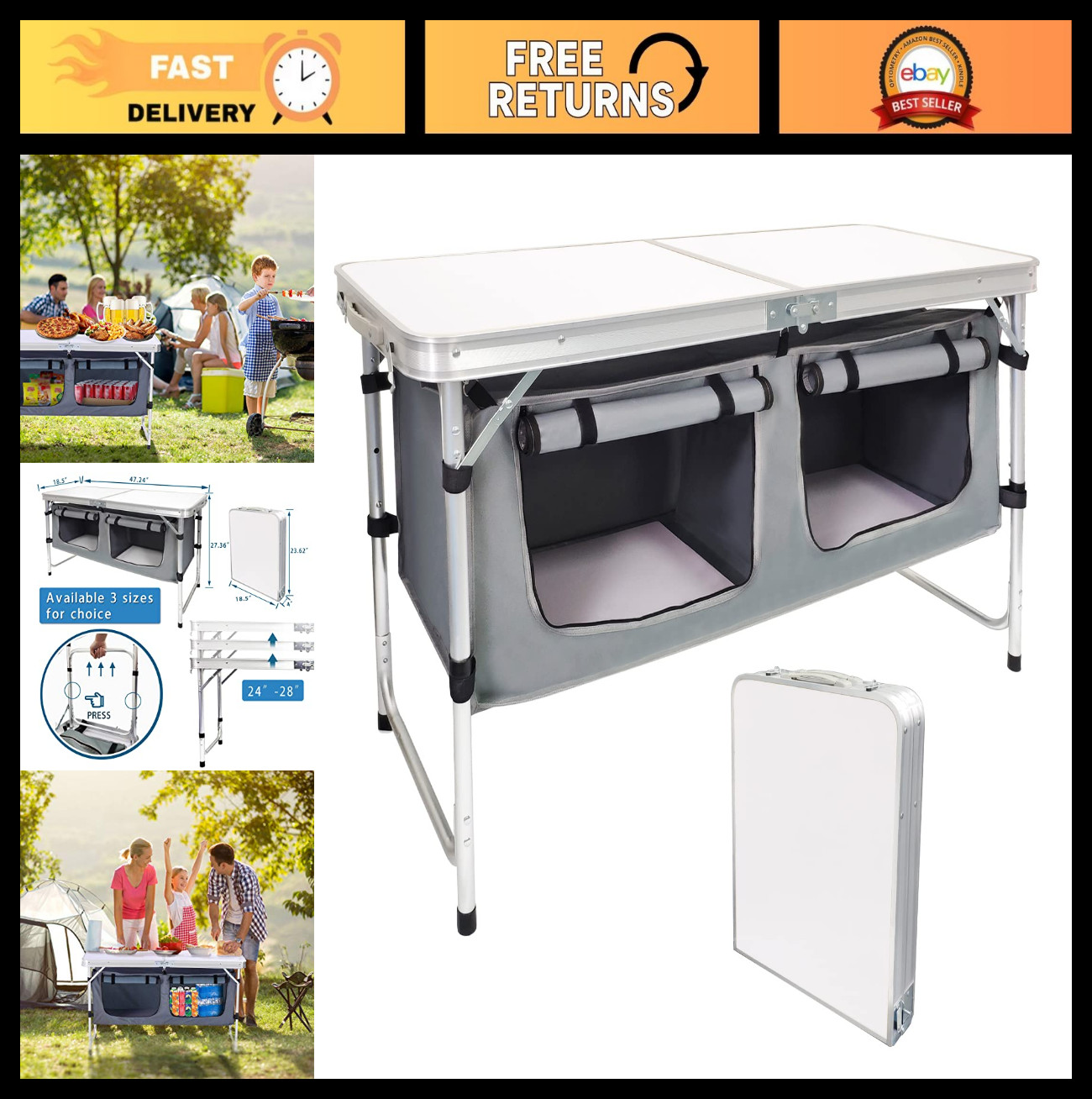 Lightweight Folding Camping Table with Storage - Adjustable Height, Portable Pic