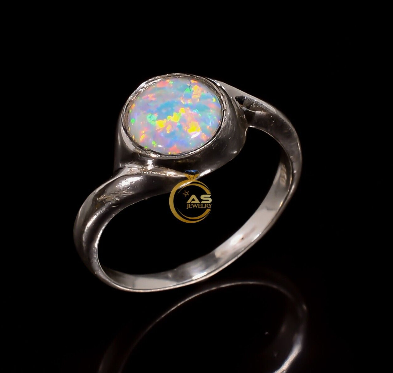 Ethiopian Opal Ring Rainbow Stone 925 Sterling Silver Wedding Rings Jewelry