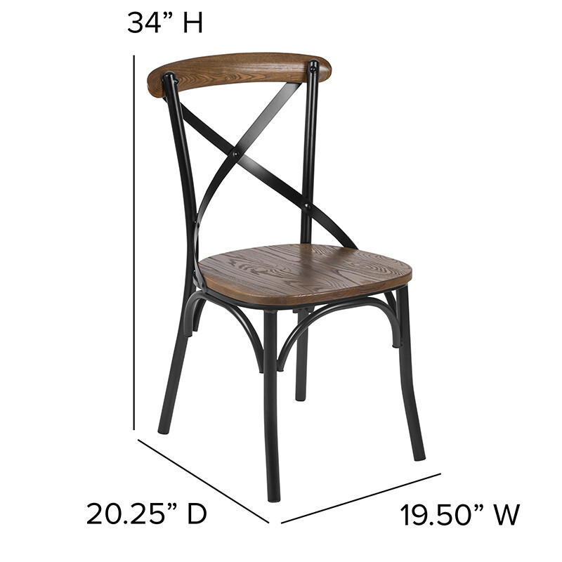 Bistro Style Cross Back Metal Restaurant Chair w/ Metal Bracing & Fruitwood Seat