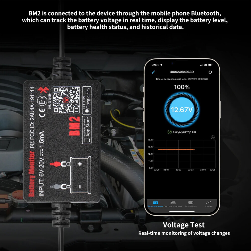 Battery Tester Bluetooth Analyzer 12V Voltage Test Diagnostic Tool For Samsung