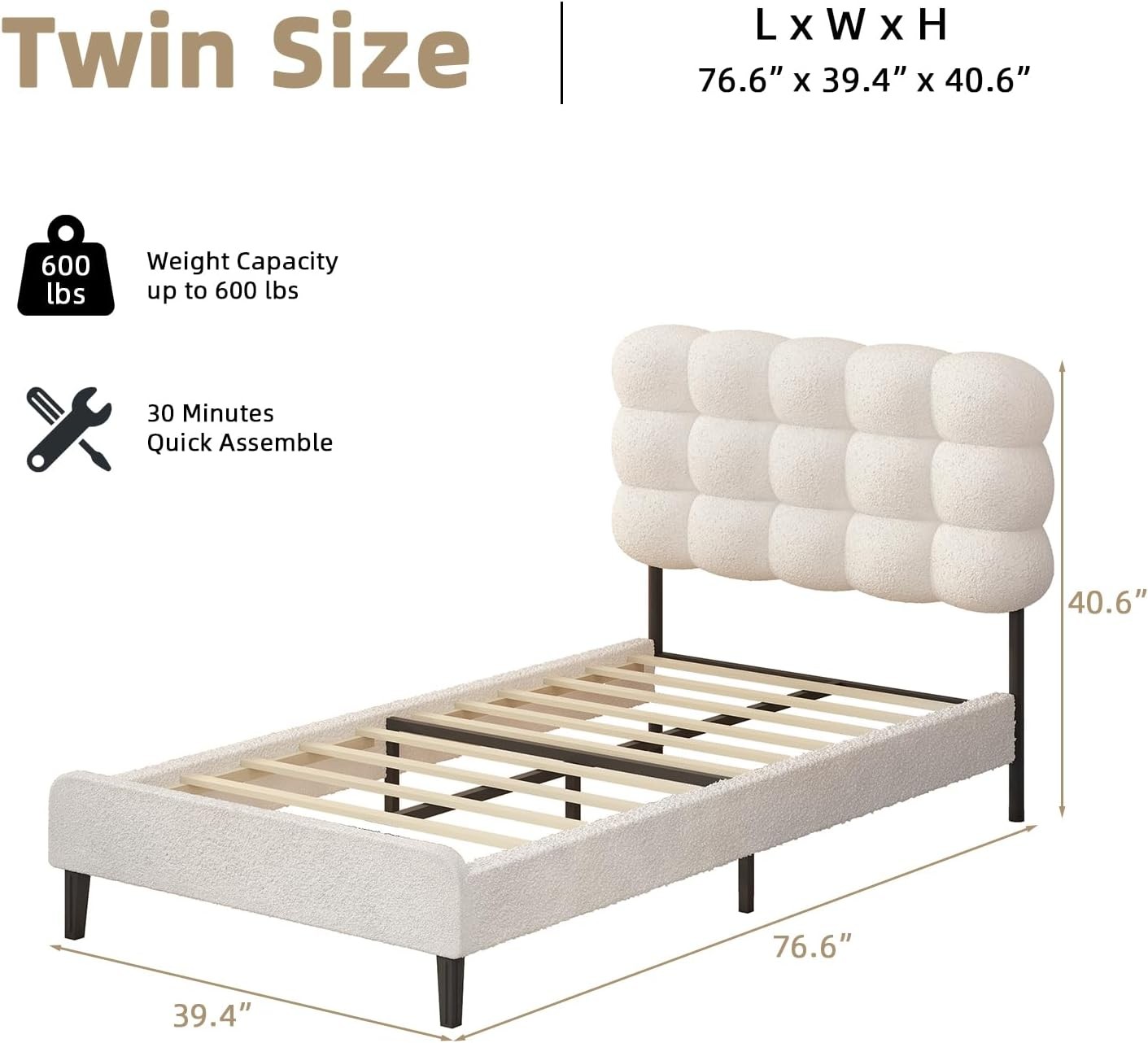 Twin Bed Frame Platform Bed with Tufted Upholstered Headboard Soft Boucle