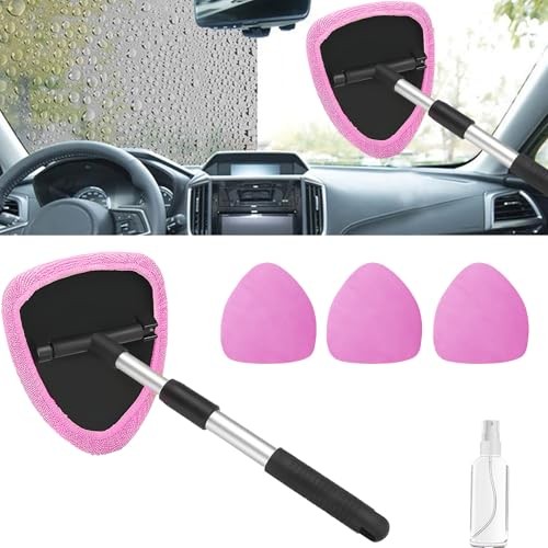 Windshield Cleaning Tool, Car Window Cleaner with Extendable Handle, 4 Pink