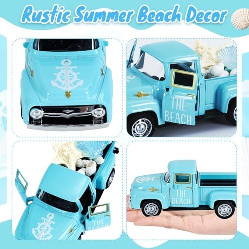 Summer Beach Decor 5 Inch Vintage Truck with Mini Seashells and Starfish Blue