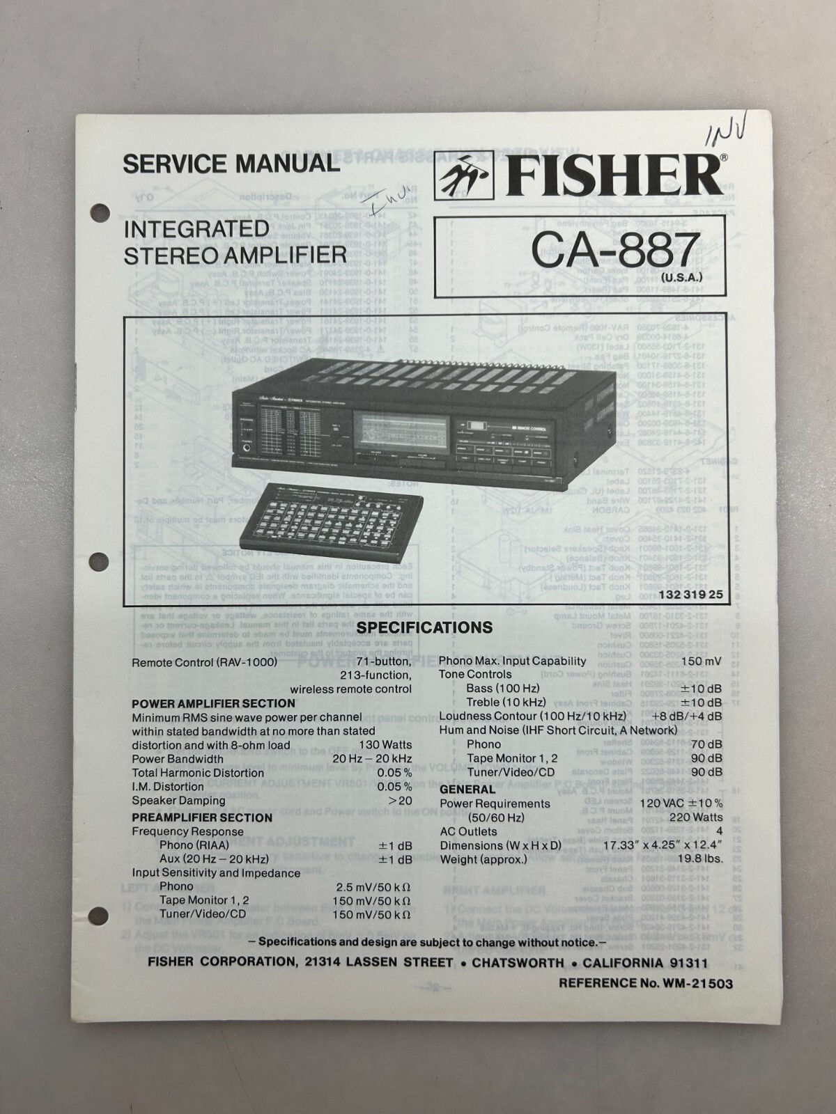 Fisher CA-887 Original Service Manual Free Shipping