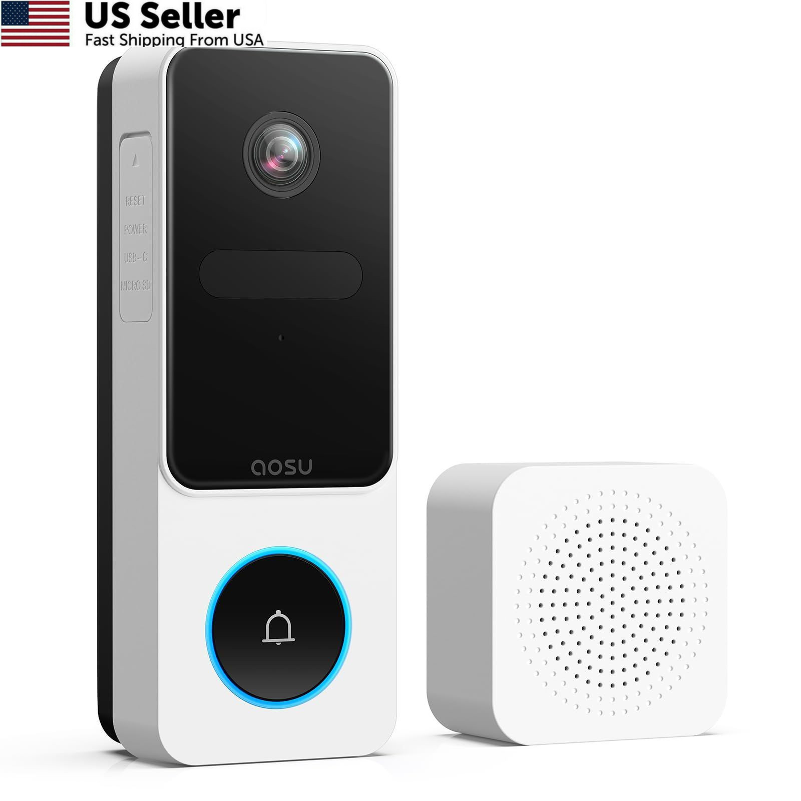 AOSU Wireless Doorbell Camera, 170° Ultra Wide Viewing Angle, Small, White