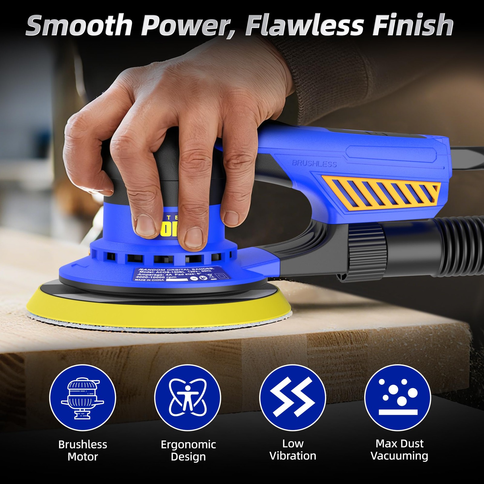 5mm Random Orbital Sander, Brushless 480W 4A, Multi-function Variable Speed E...