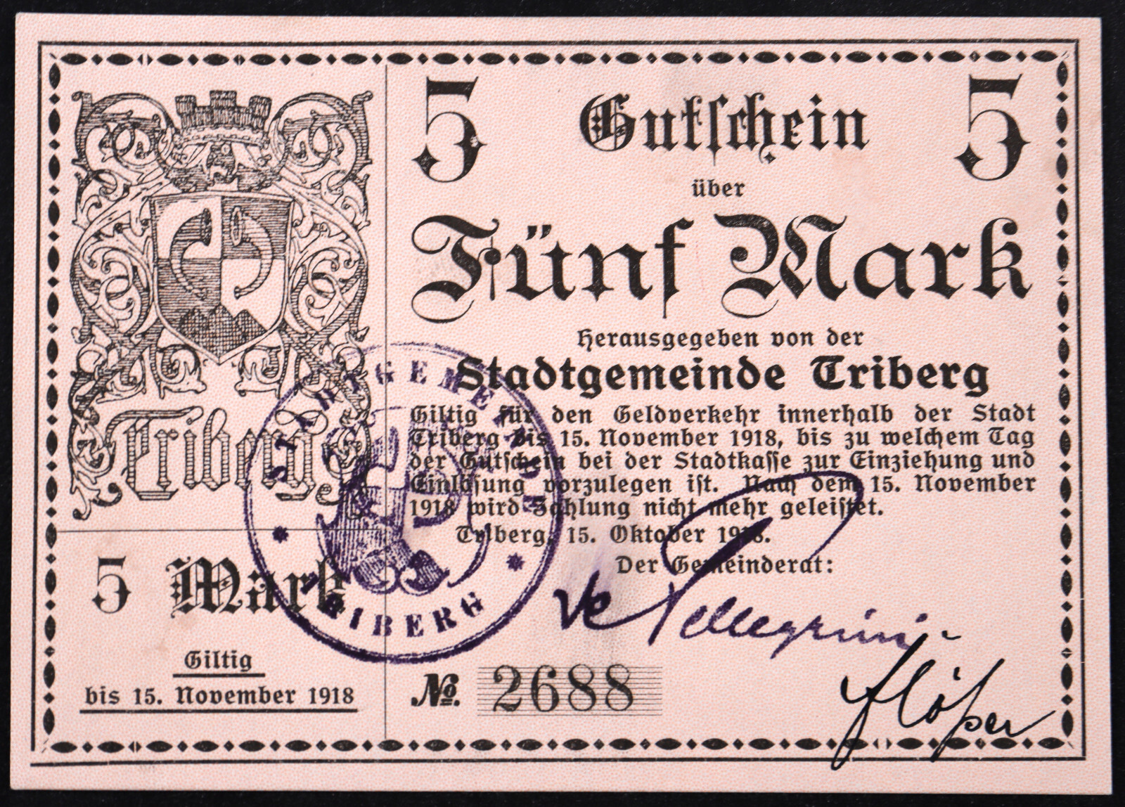 TRIBERG 1918 RARE 5 Mark Grossnotgeld German Notgeld Banknote