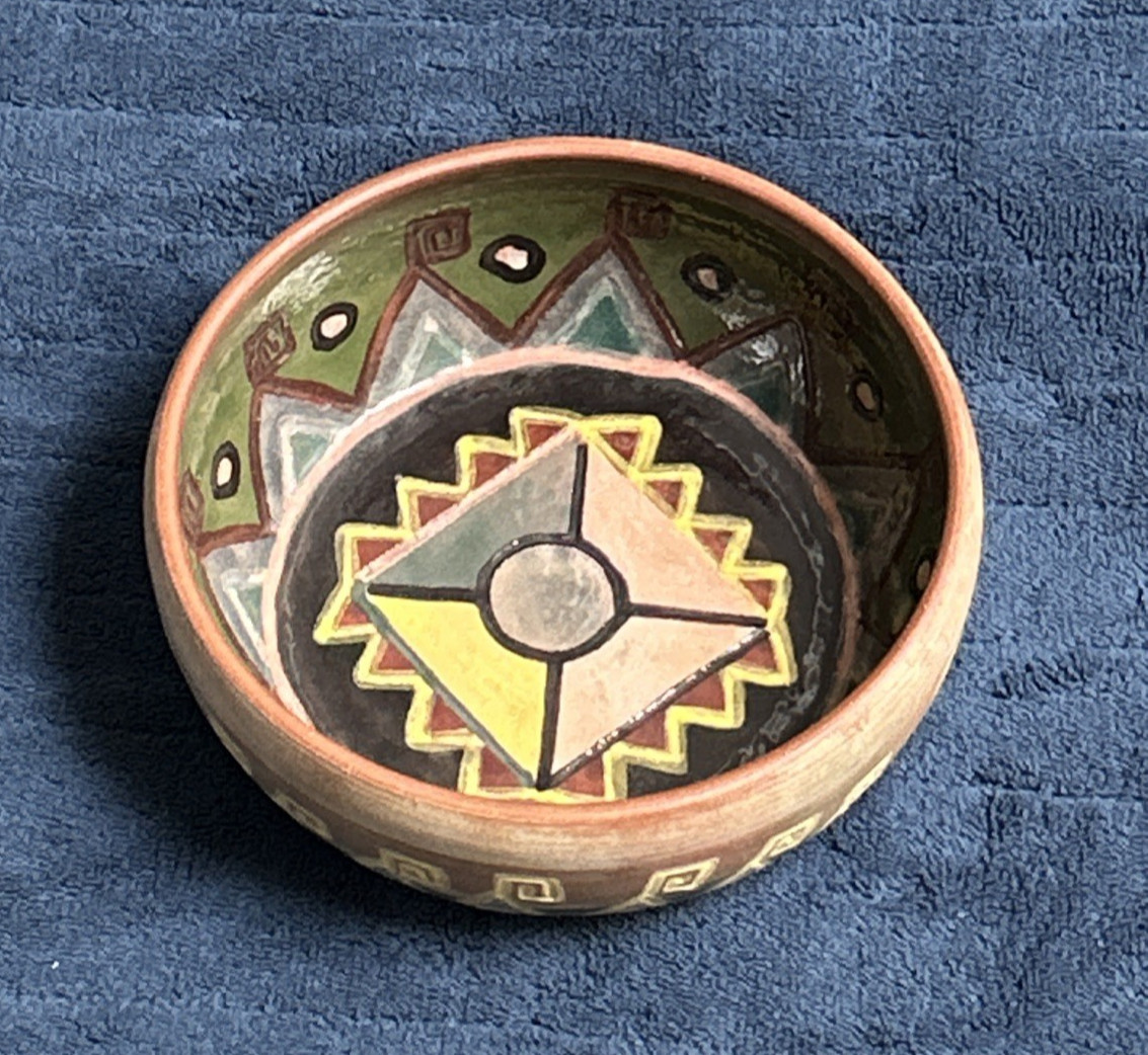 Signed Valcarcel Cusco Peru Urubamba Hand Painted Colorful Art Pottery Bowl