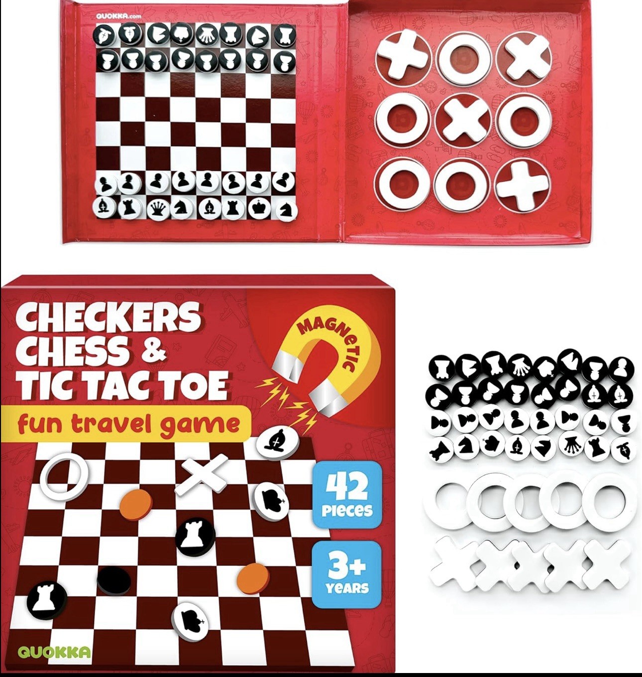 Quokka Magnetic Travel Game Set Chess Checkers Tic Tac Toe Compact 42pcs Ages 3+