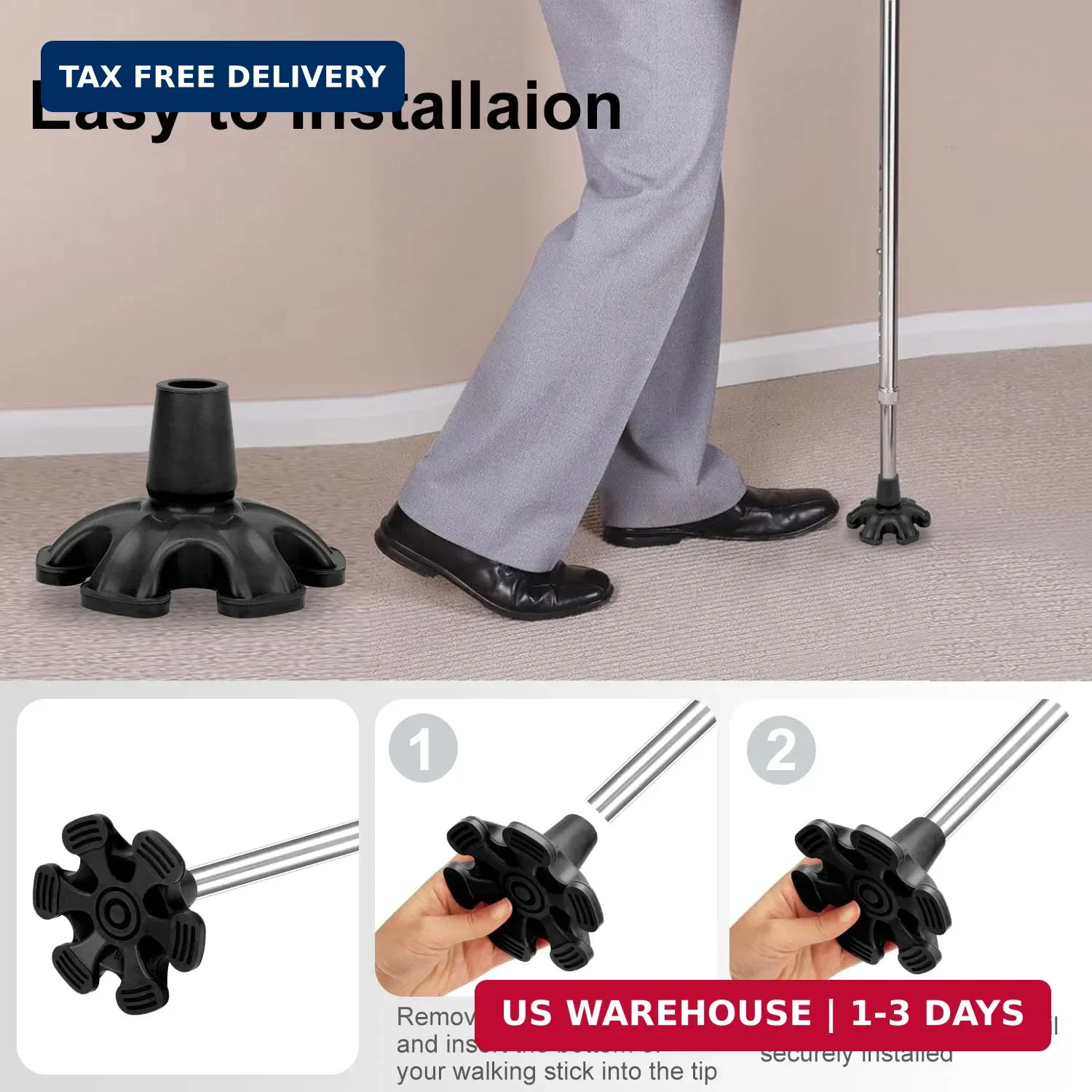 supregear Cane Tip - Self Standing 6 Prong Support Rubber Base for Walking Stick
