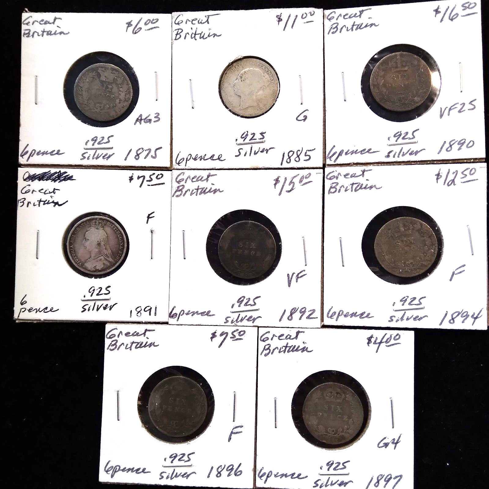 Lot of 8 Great Britain 6 Pence Silver Coins (1875-1897)