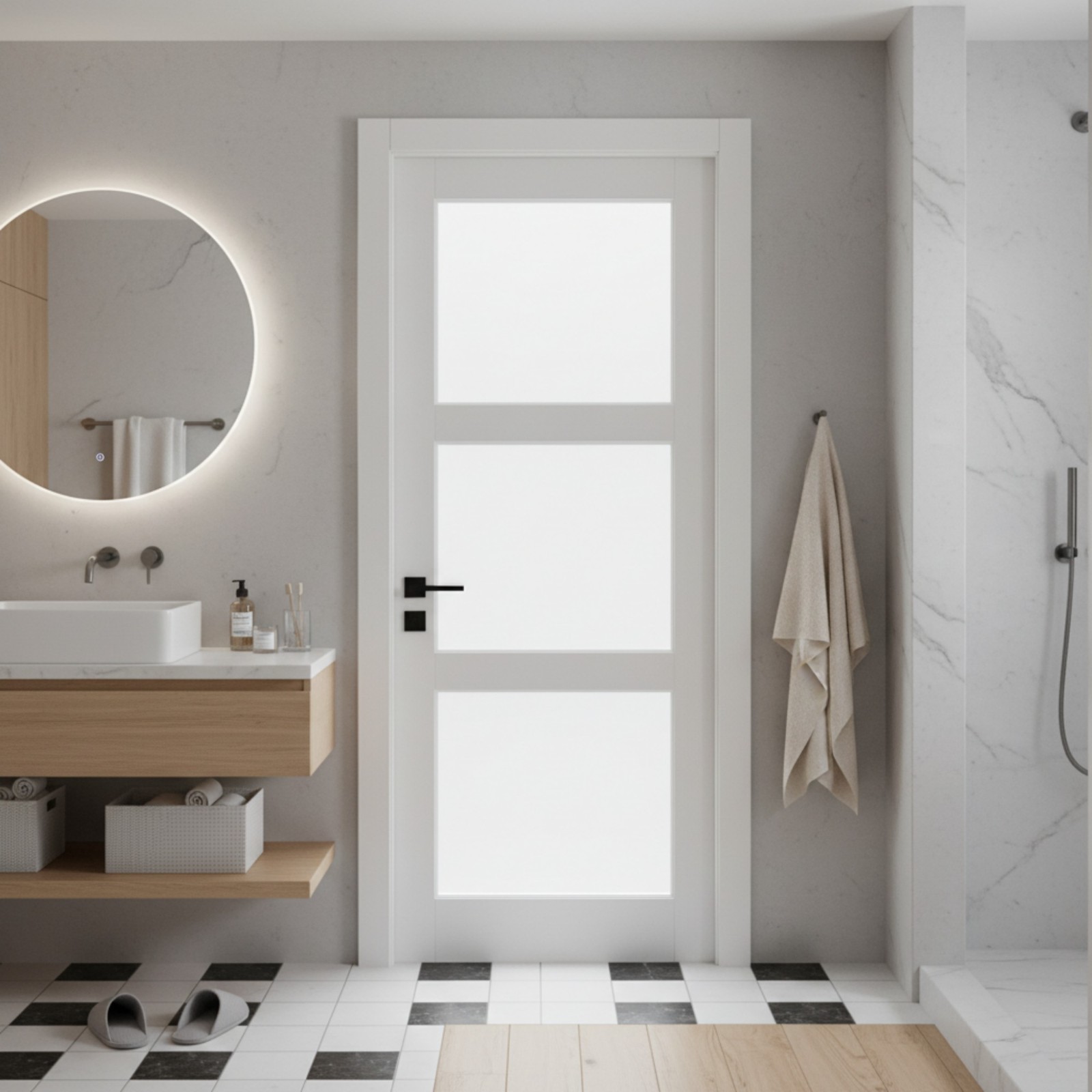 30" x 80" French Interior Door, 3-Lite Tempered Frosted Glass Slab Door Prehung