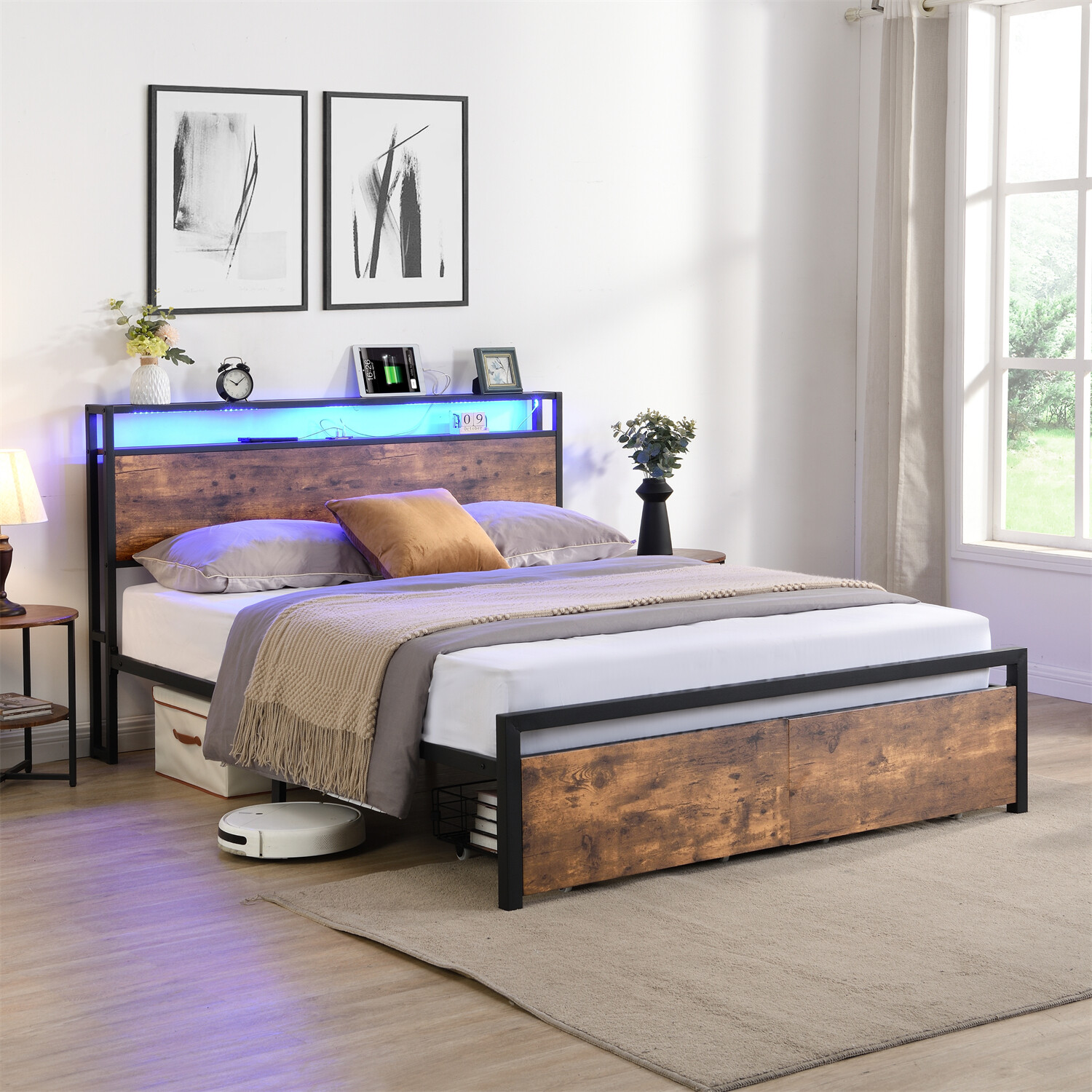 Queen Size Bed Frame with Storage Headboard and 2 Drawer Metal Platform Bed