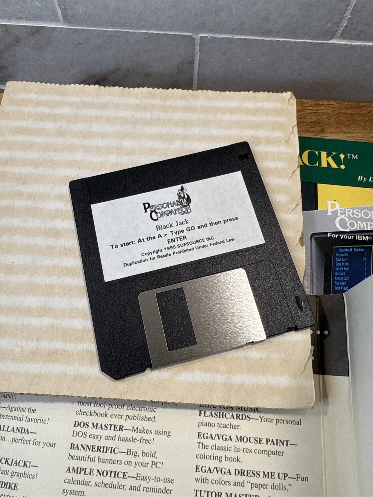 Vintage 1994 Personal Companion 3.5” Floppy Disk Programs Blackjack & Solitaire