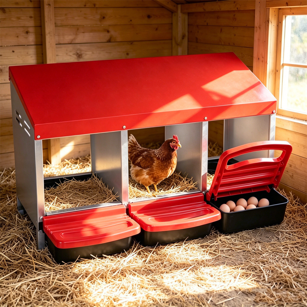 3 Compartment Chicken Nesting Box Roll Out Egg Laying Box Metal Poultry Coop Red