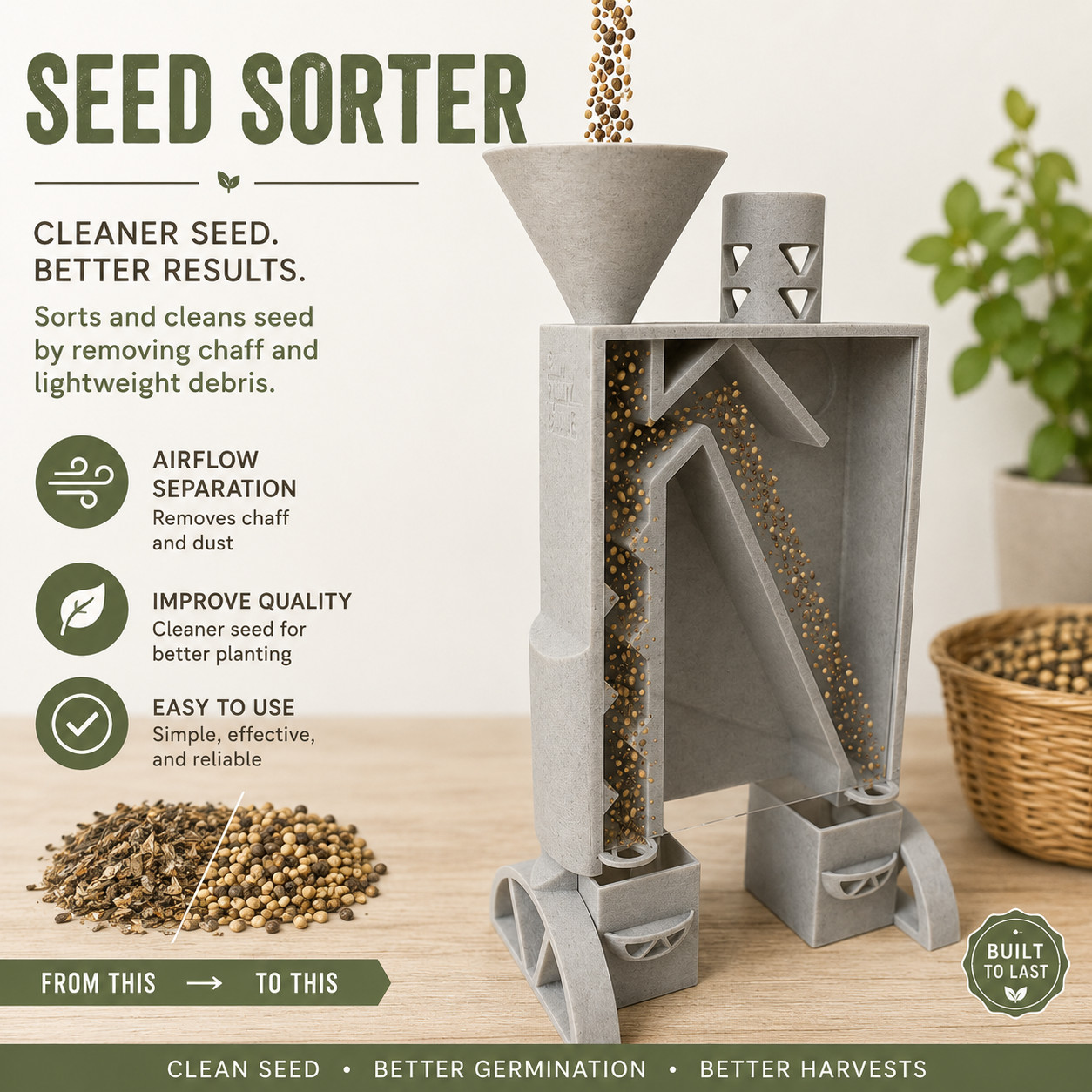 3D Printed Tabletop Seed Sorter with Funnel | Garden Seed Cleaner Organizer Tool