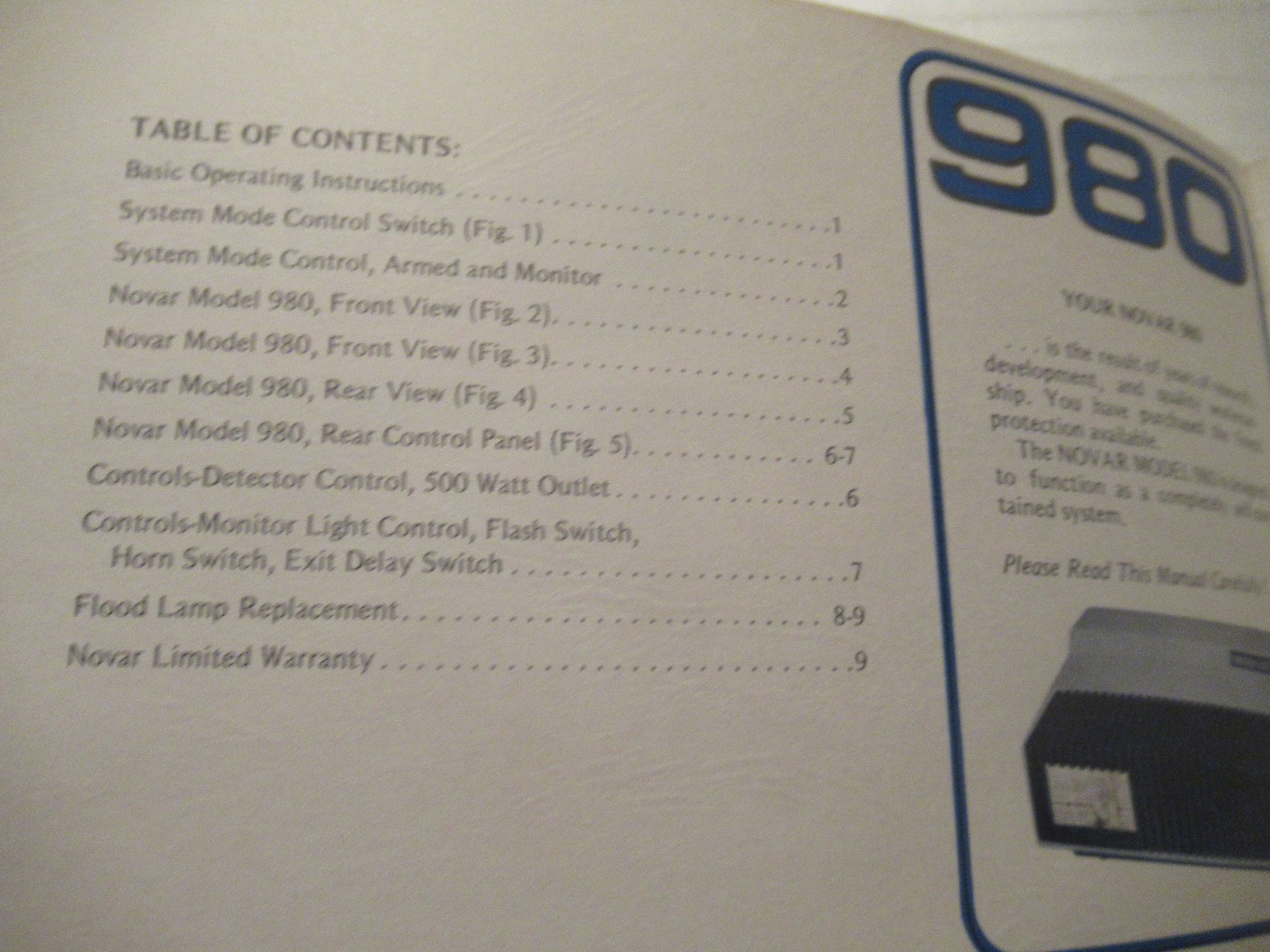 Manual for NOVAR 980 Security System