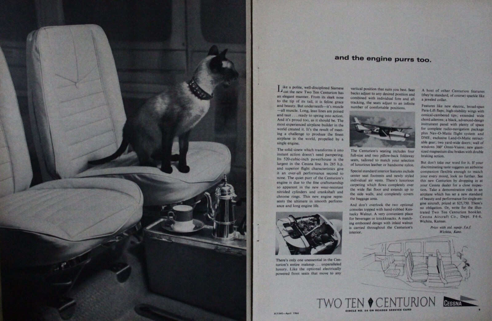 Cessna Centurion Aircraft Picture Magazine Ad Cat Engine Purrs Art Decor