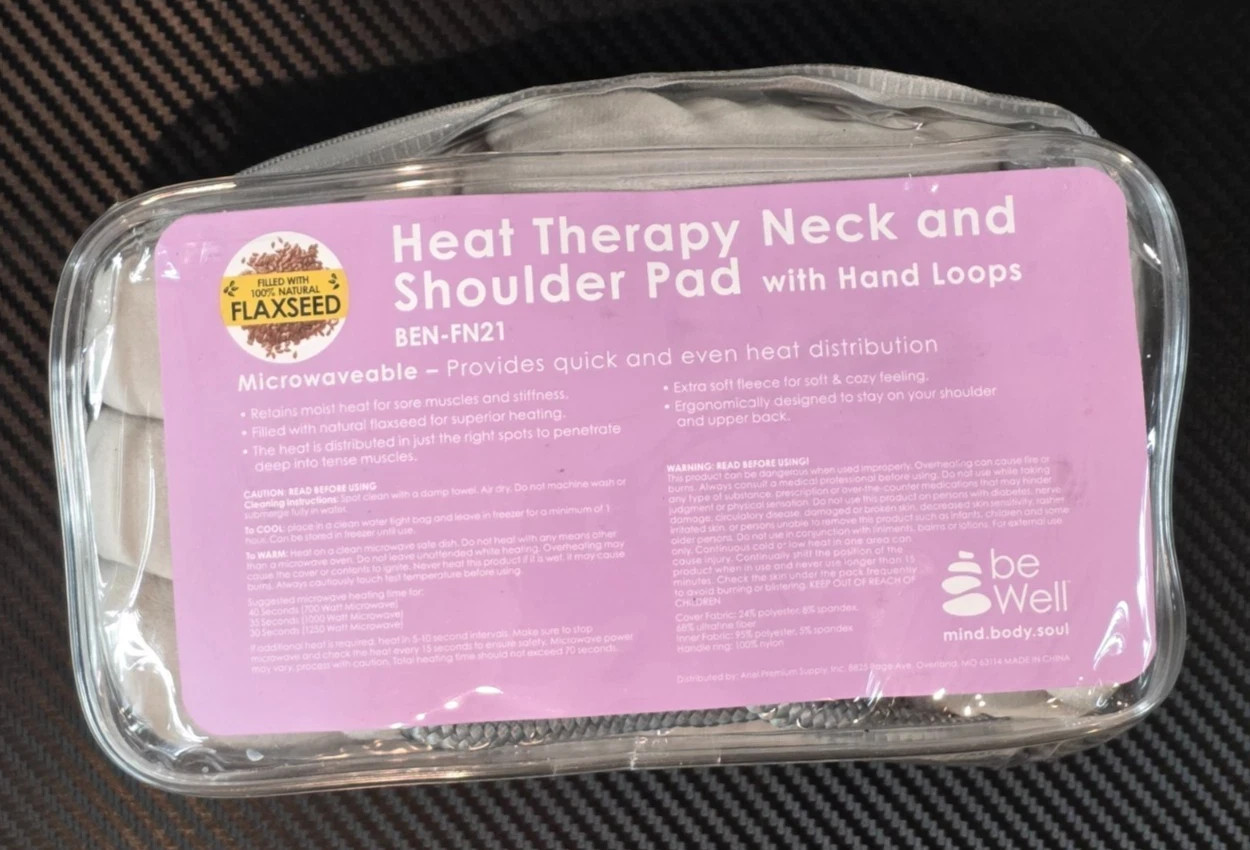 Be Well, Flaxseed Heat Therapy Neck & Shoulder Pad W/ Hand Loops, New