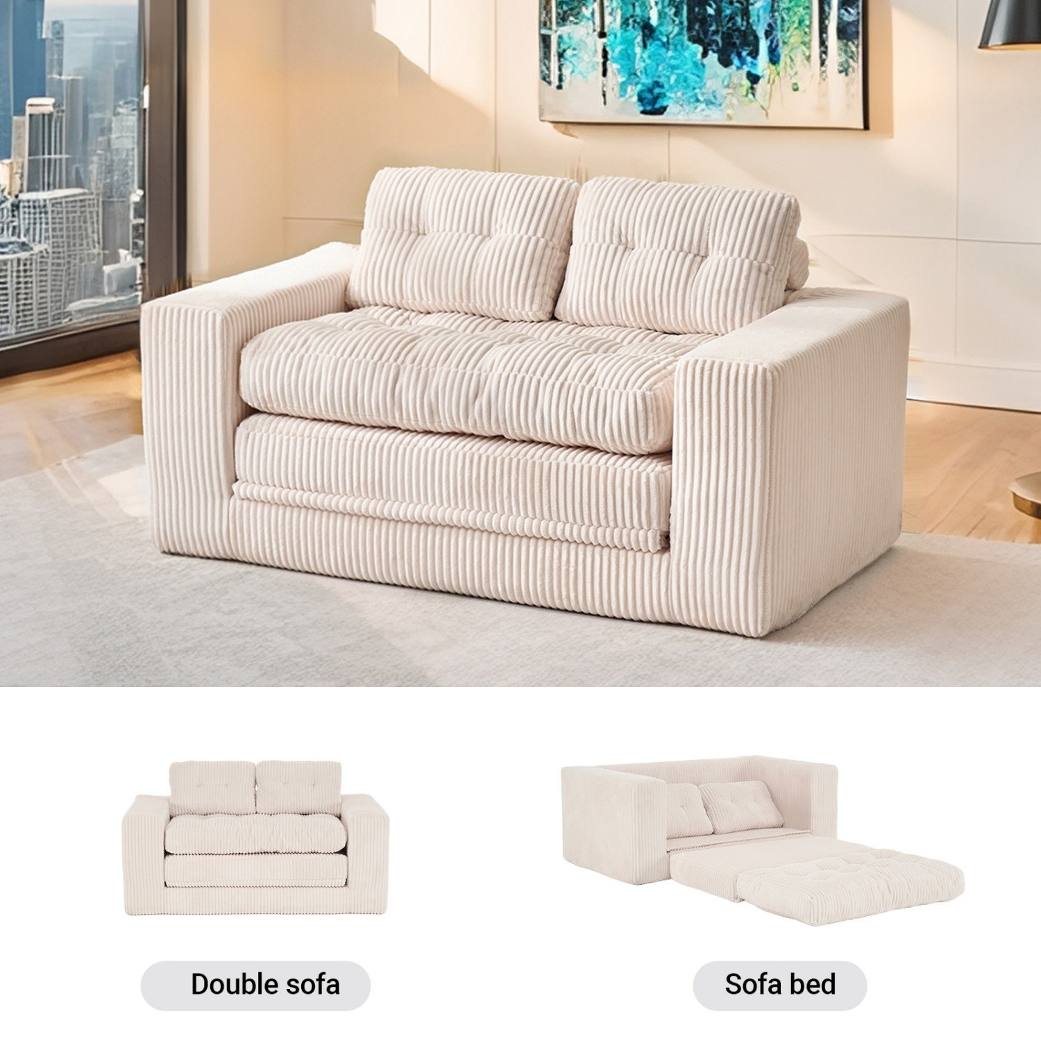 Folding Convertible Sofa Bed Floor Loveseat Sofa w/ Steel Frame for Small Spaces