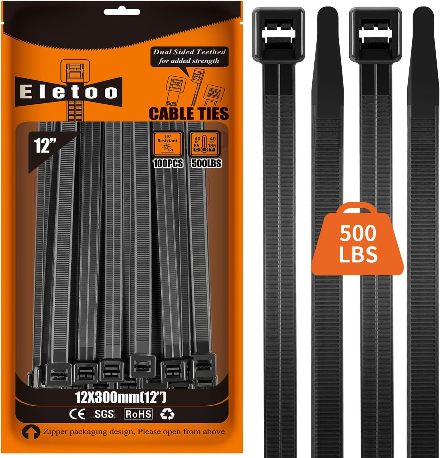 12 Inch Heavy Duty Zip Ties 100 Pack Black Cable Ties 500 Lbs Strength UV