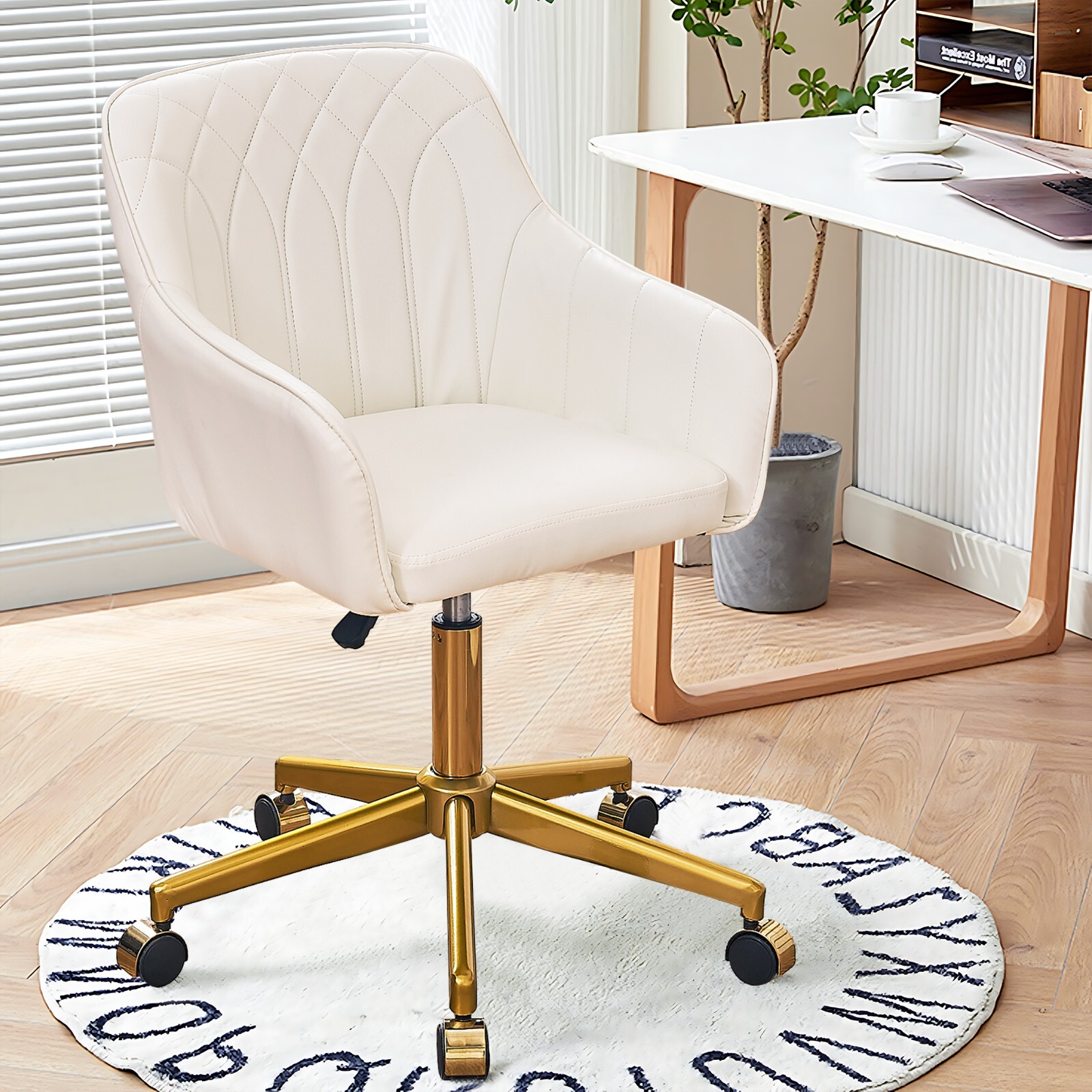 PU Leather Home Office Chair Height Adjustable Stools with Gold Metal Base White