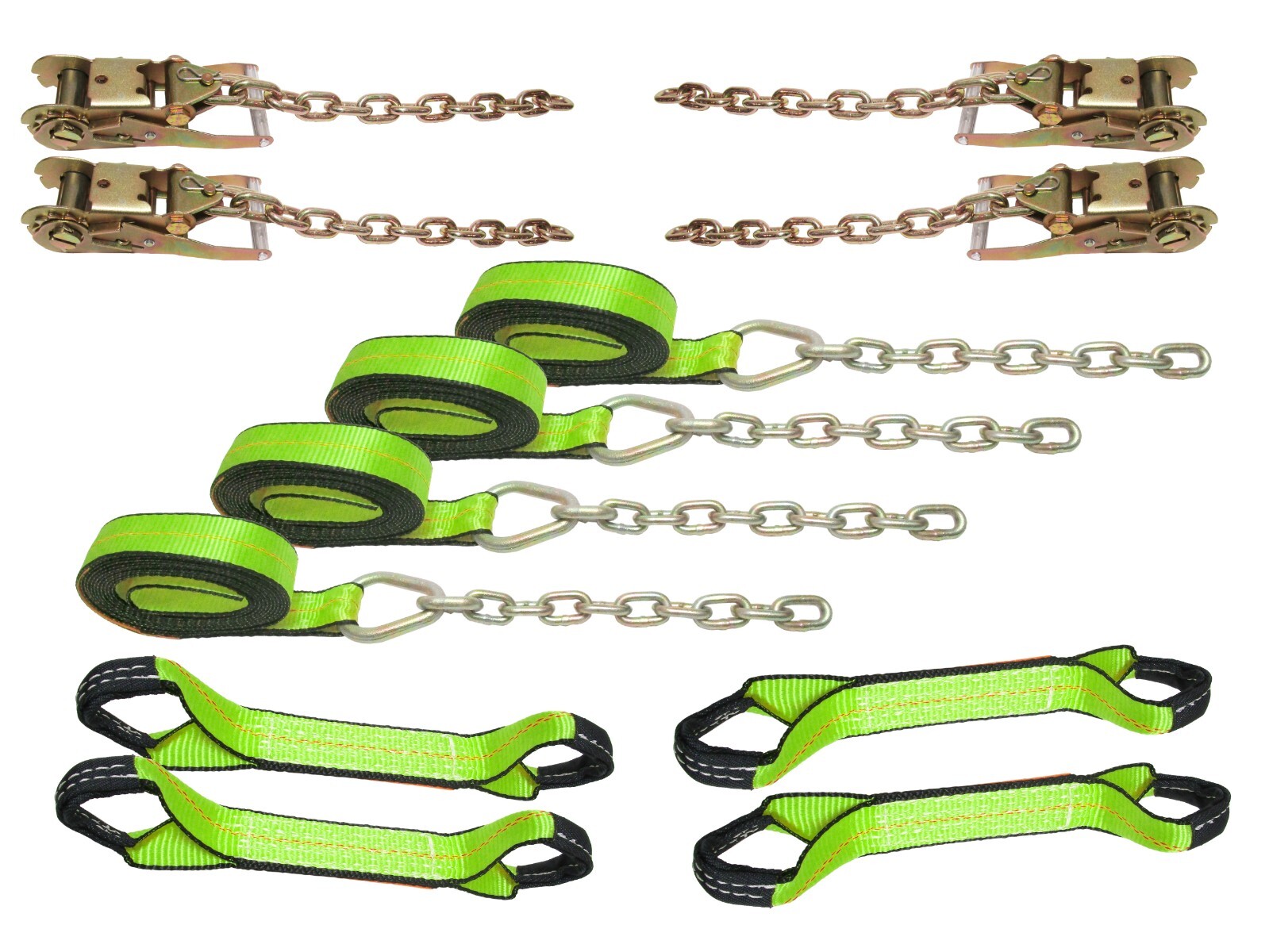 8 Point Tie Down Kit for Roll Back Chain Ends for Car Carrier Tow Truck Green
