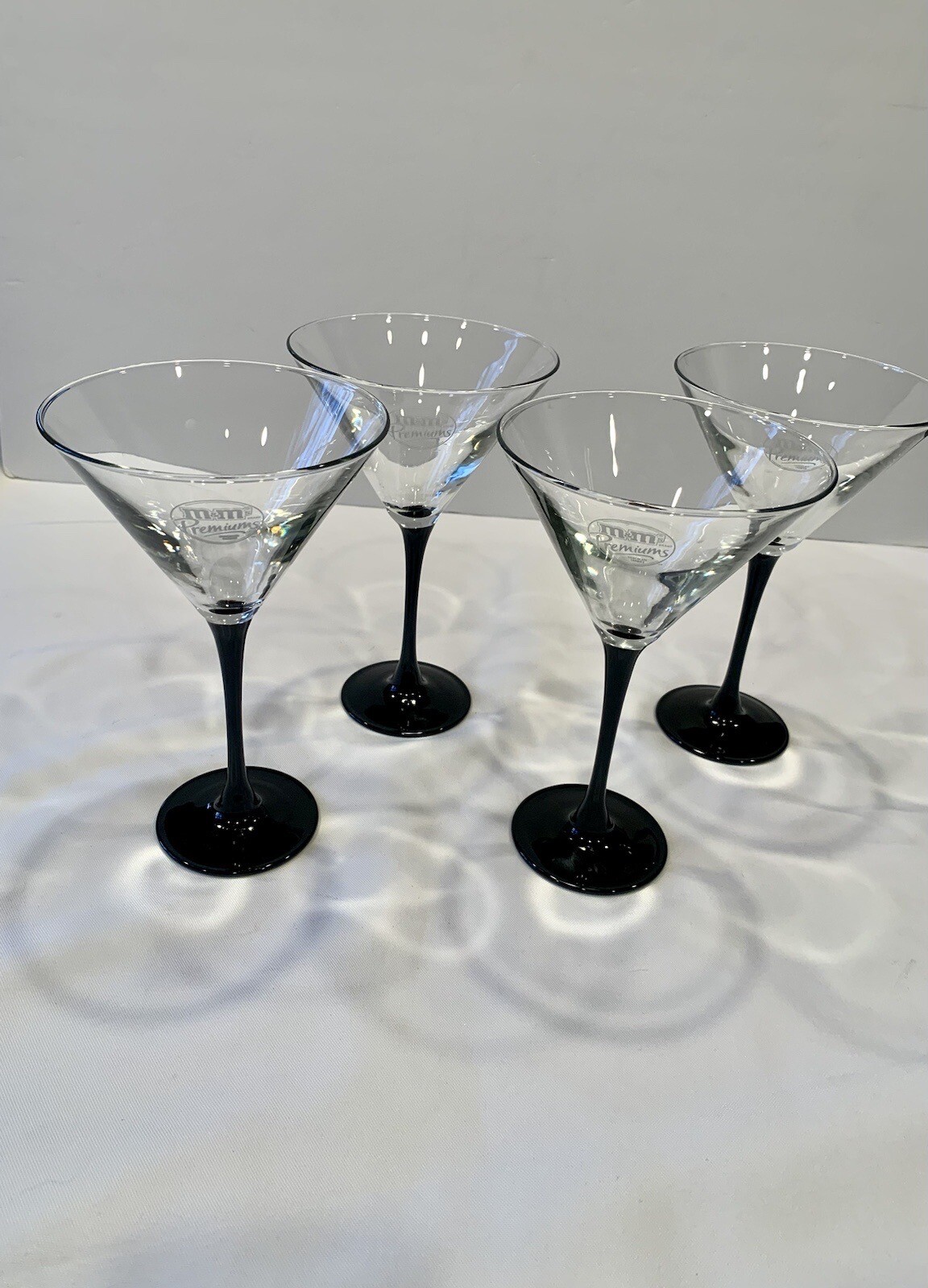4 Rare M&M’s Premiums Chocolate Candy Martini Glasses, 7.25” Tall Black Stem