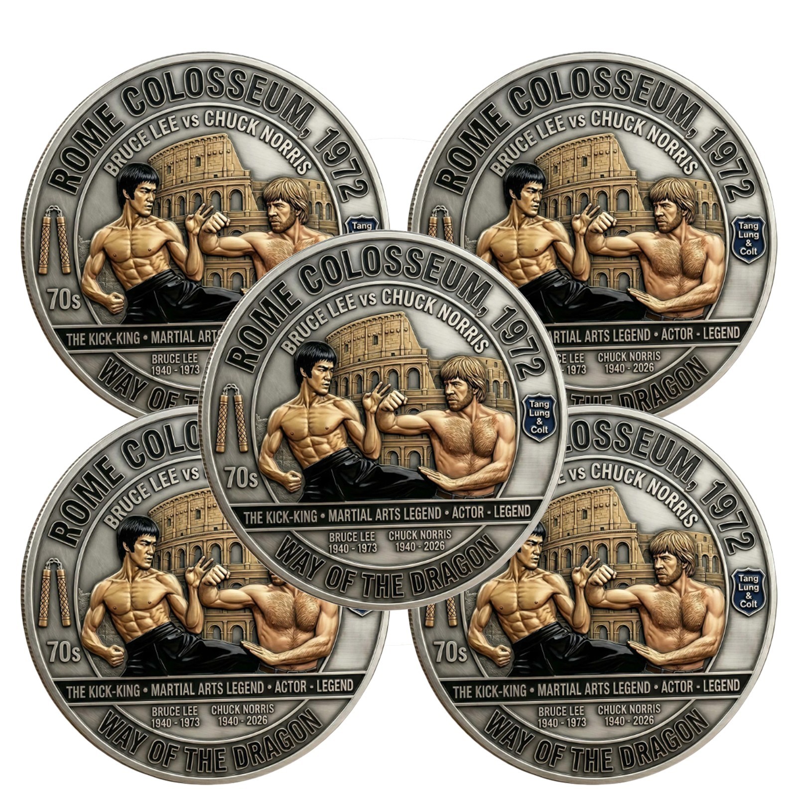 5PcBruce Lee vs Chuck Norris Way of the Dragon Commemorative Coin Rome Colosseum
