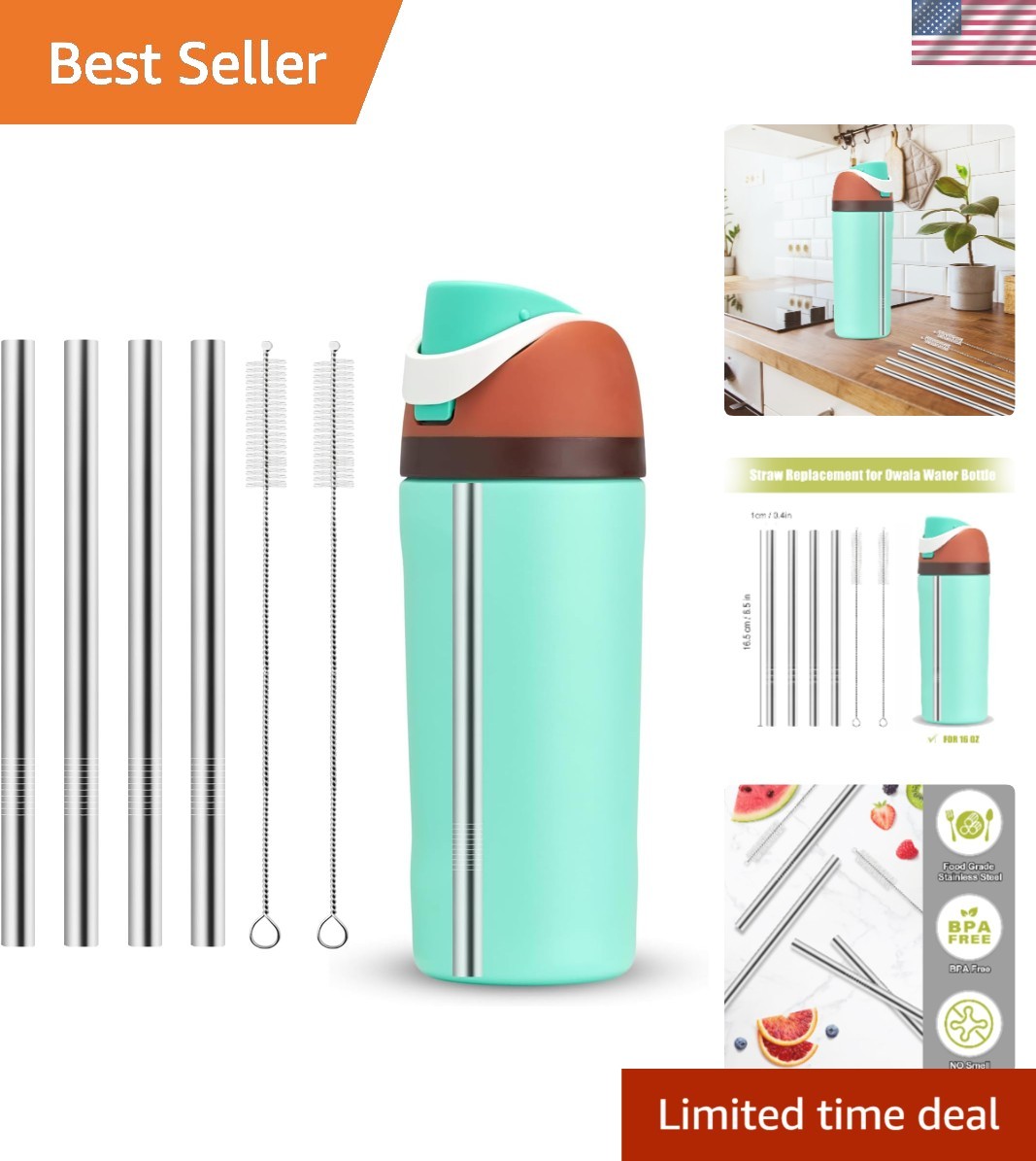 Reusable Stainless Steel Straws for Owala Kids Water Bottle 16oz - 4pcs Set