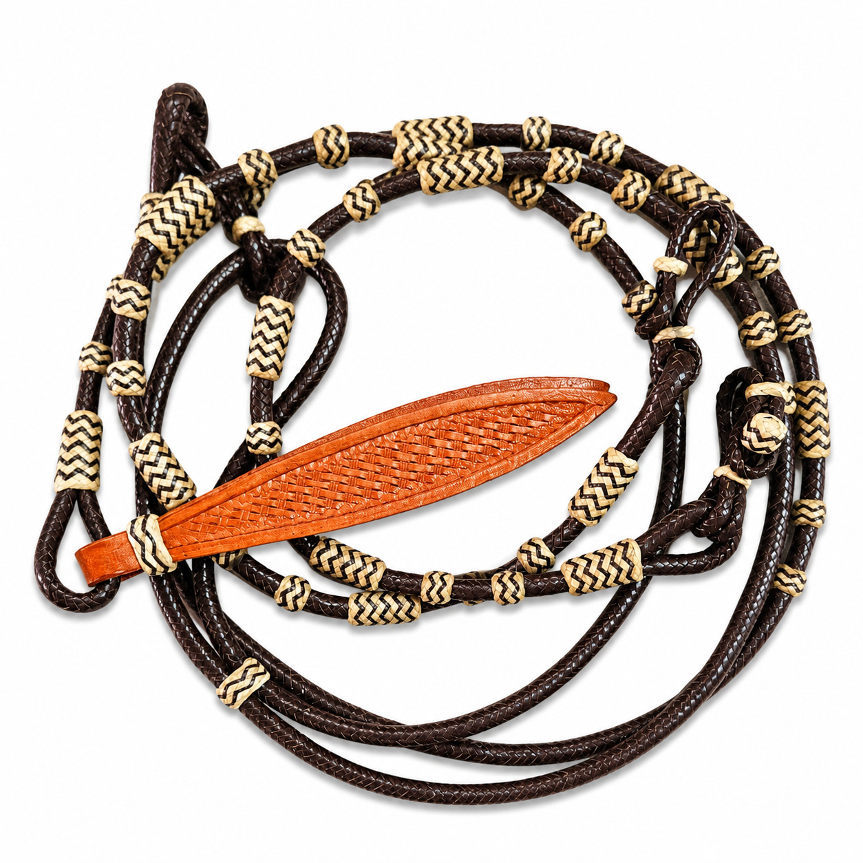 Western Horse Romal Reins Braided Coffee Rawhide Leather Popper Cowboy Tack