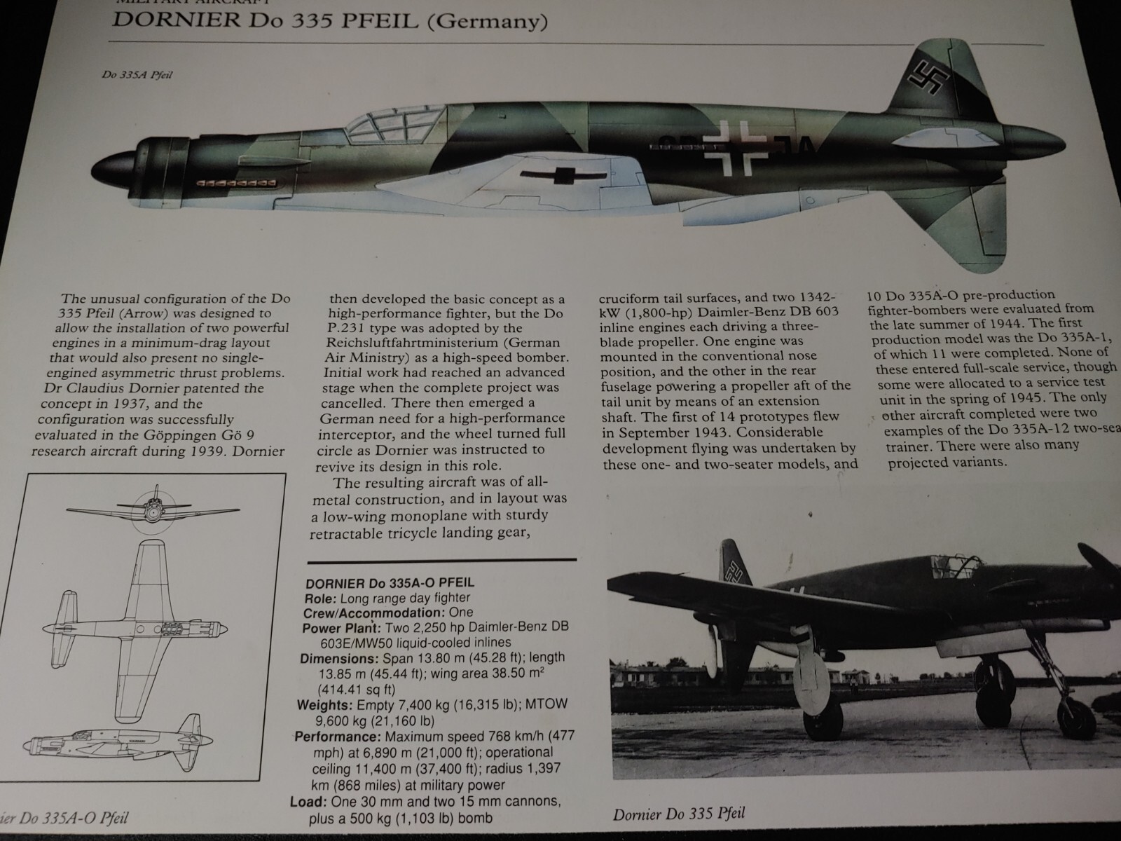 Dornier Do Aircraft Picture Out of Print Article Spec Sheet Wall Art Display