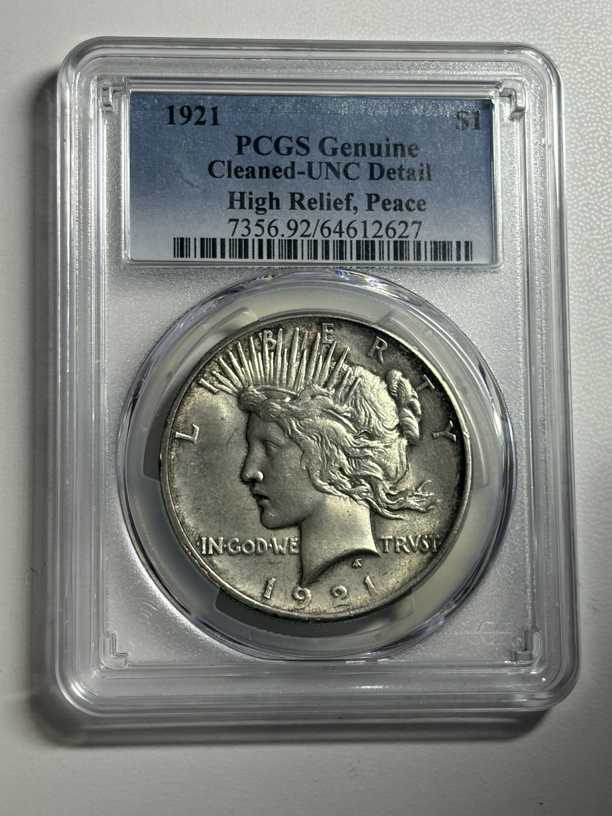 1921 $1 High Relief Peace Dollar PCGS UNC Detail Key Date