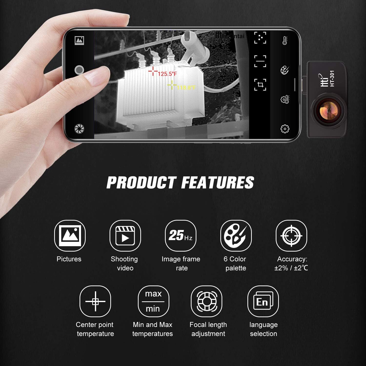 HTI HT-301 USB-C Thermal Imaging Camera for Android - 384x288 IR | 25Hz Thermal Imaging